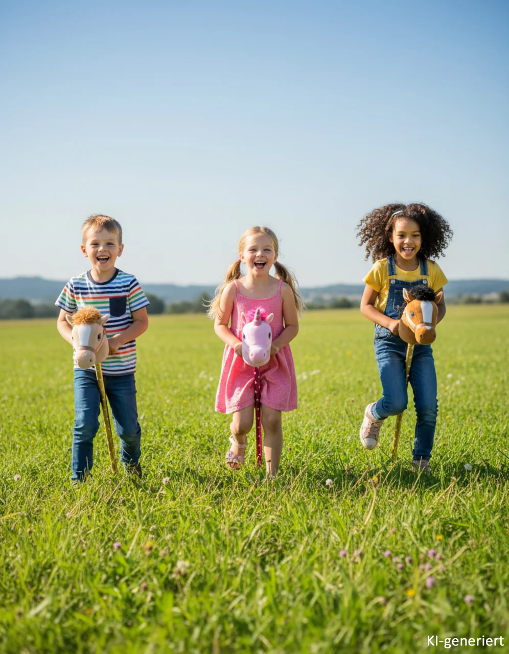 Steckenpferde mit Kindern auf der Wiese