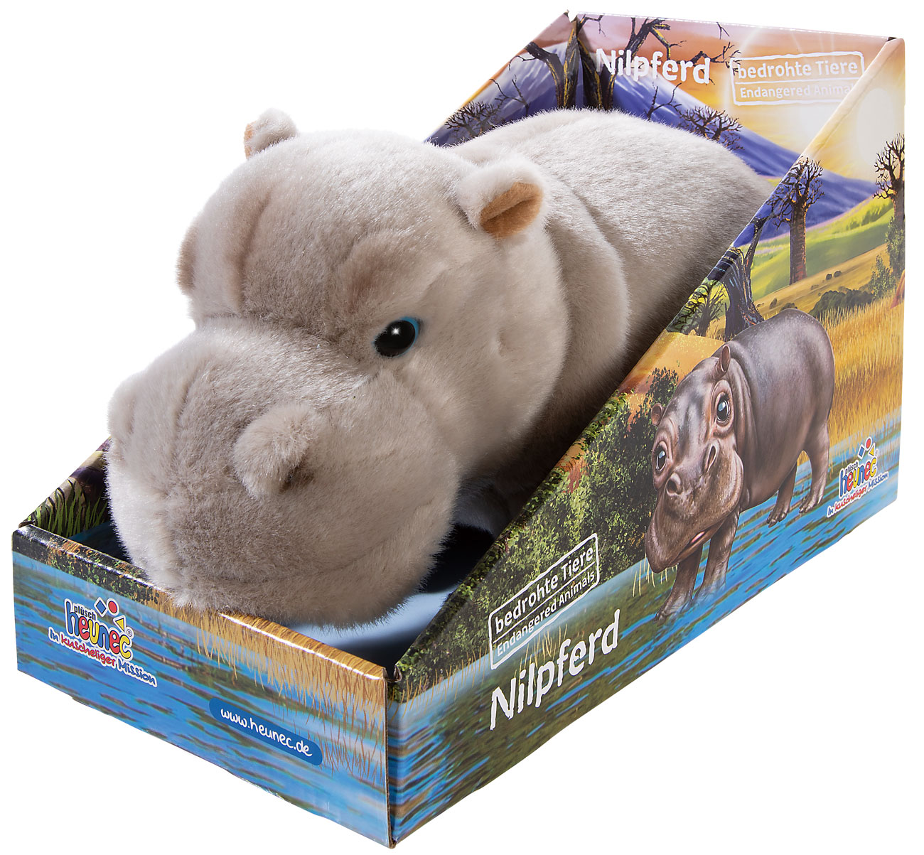 Heunec Nilpferd Kuscheltier aus der Serie 'Bedrohte Tiere' in Verpackung Plüsch-Nilpferd von Heunec in ansprechender Verpackung, Teil der 'Bedrohte Tiere'-Kollektion