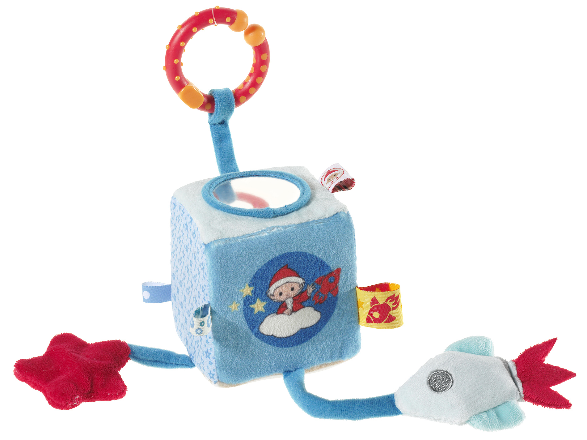 Weicher Spielwürfel mit Weltraummotiv und Beißring Plüschwürfel für Babys mit Raketen- und Sternmotiv, Beißring und klappbaren Anhängern