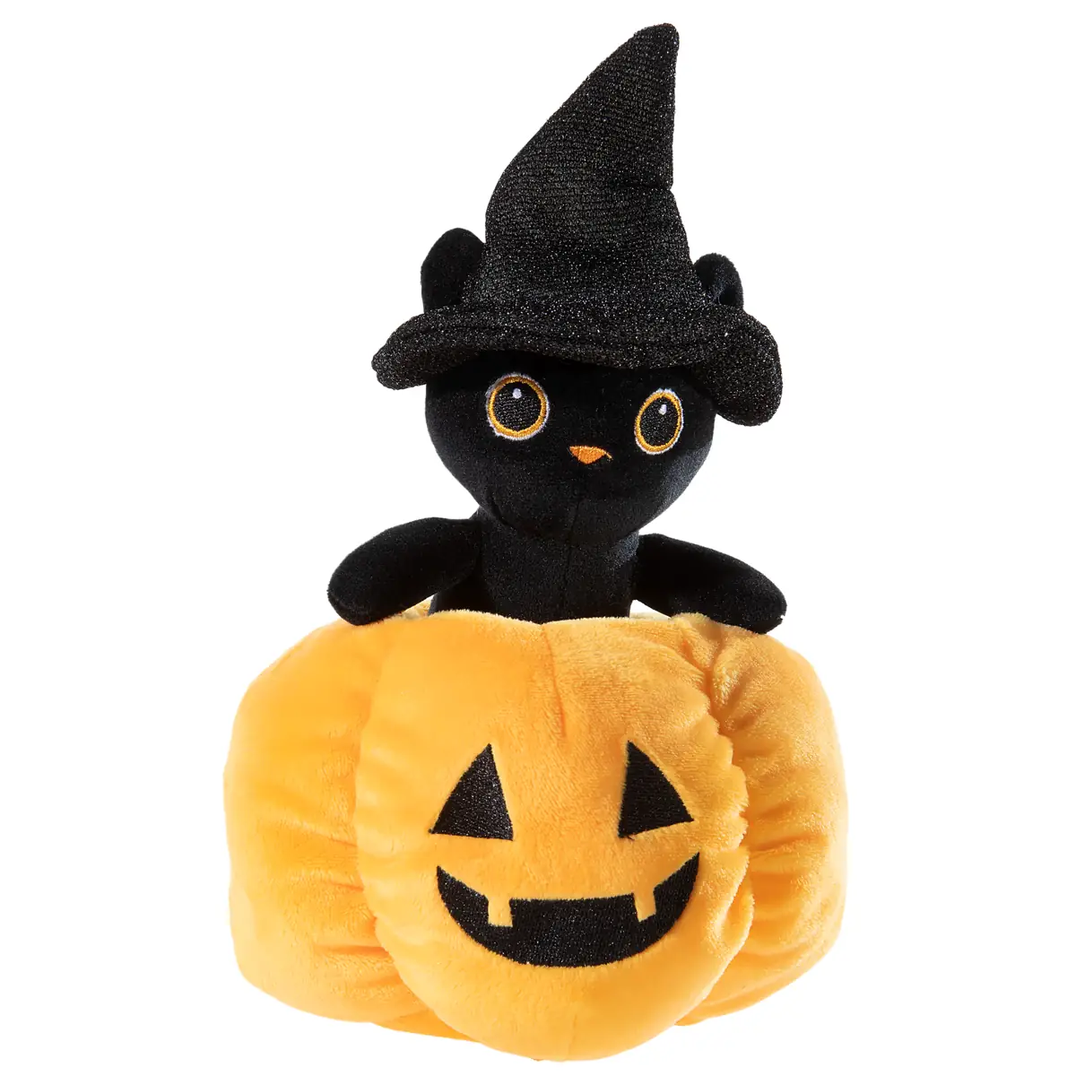 Halloween Plüschkatze im Kürbis 16 cm von heunec – weiches Kuscheltier mit schwarzer Katze, Hexenhut, gestickten Augen und orangefarbenem Kürbis, ideal zum Kuscheln, Spielen und als Halloween-Dekoration.