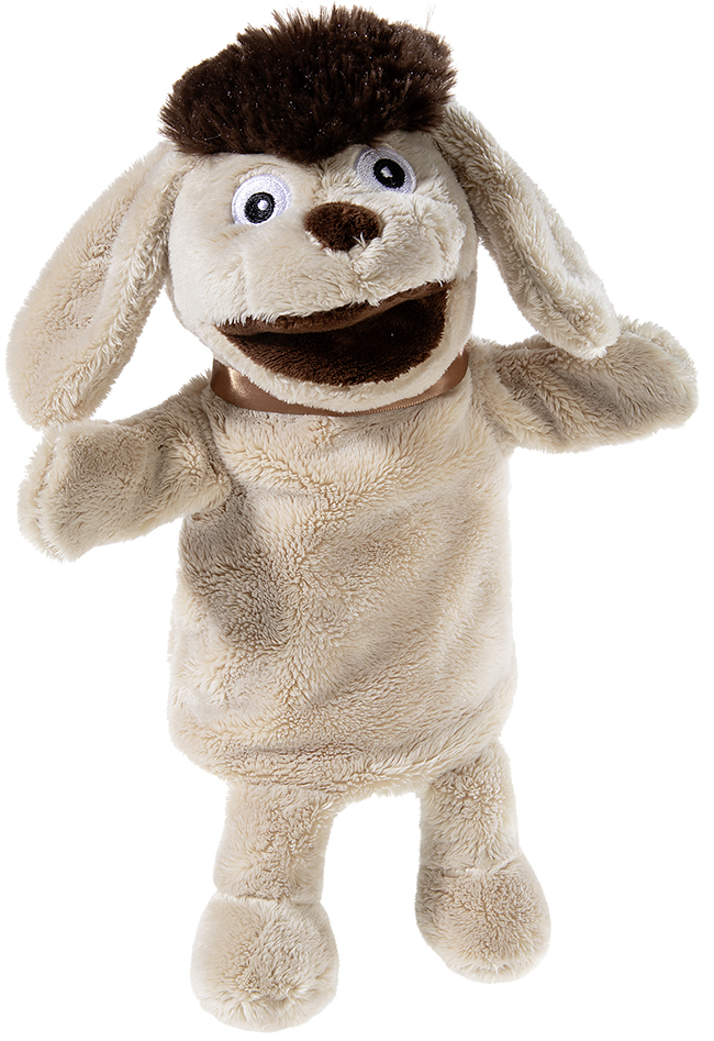 Niedliche Plüsch-Hund Handpuppe in Beige mit braunem Haar, ideal für Puppenspiele, Kuscheln und kreative Unterhaltung.