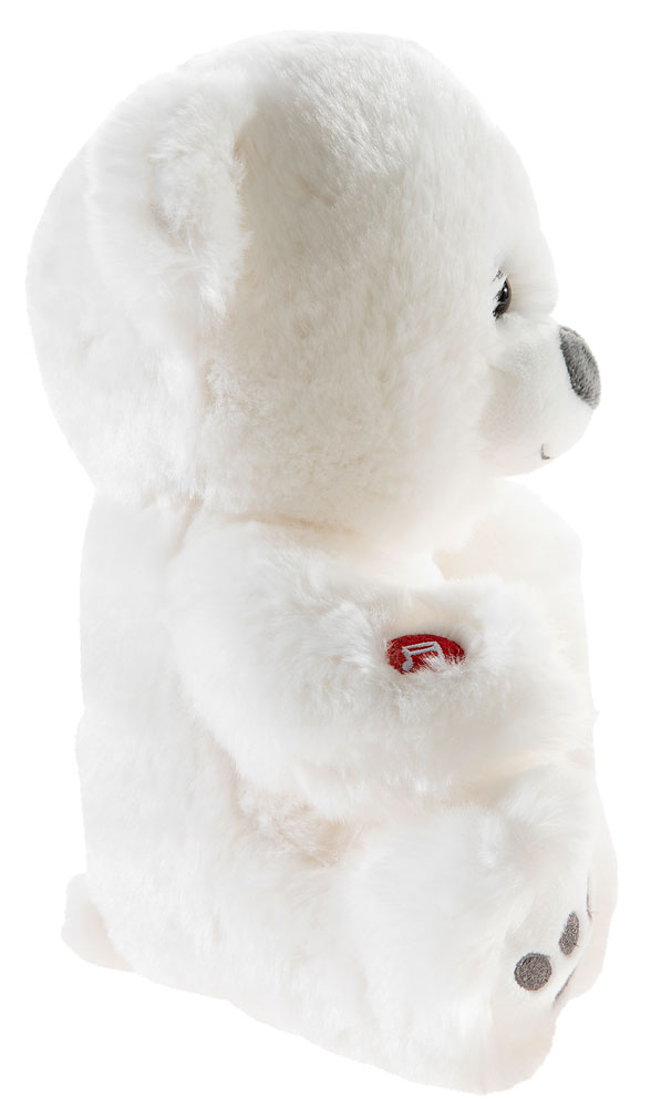 Weißer Plüsch-Teddybär, seitliche Ansicht, mit rotem Etikett auf dem Arm