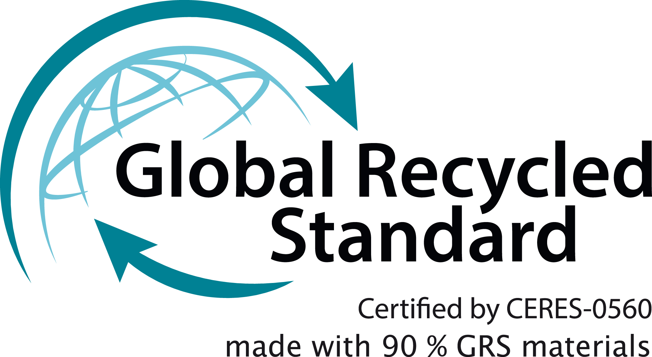 Global Recycled Standard Zertifizierung Logo Logo des Global Recycled Standard, zertifiziert mit CERES-0560, hergestellt mit 90 % GRS Materialien.