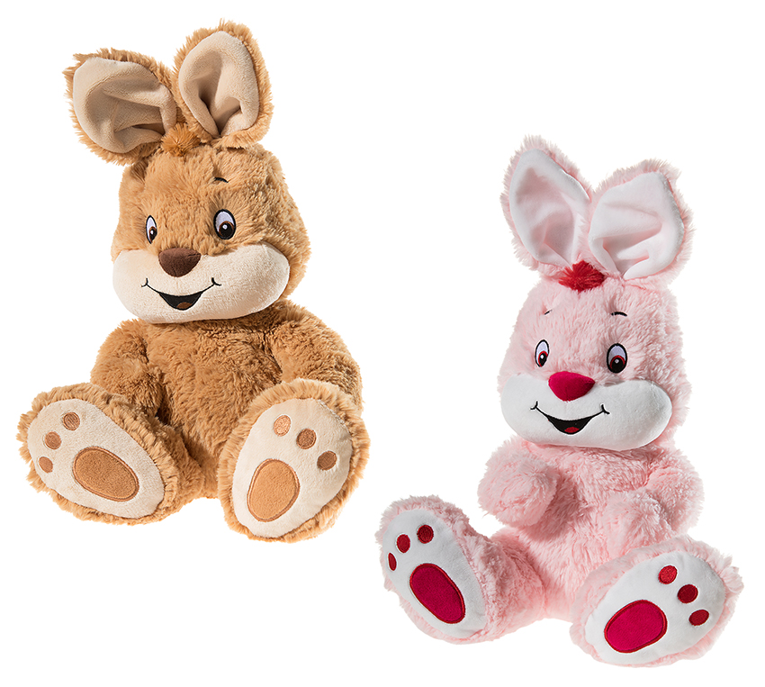 Zwei kuschelige Plüschhasen in Braun und Rosa Zwei Plüschhasen, einer in Braun und der andere in Rosa, mit fröhlichen Gesichtern und großen Ohren.