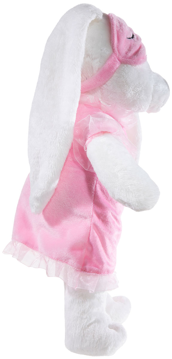 Kuscheltier Hase in rosa Kleid mit Schlafmaske Plüschhase in rosa Outfit und Schlafmaske, seitlich fotografiert