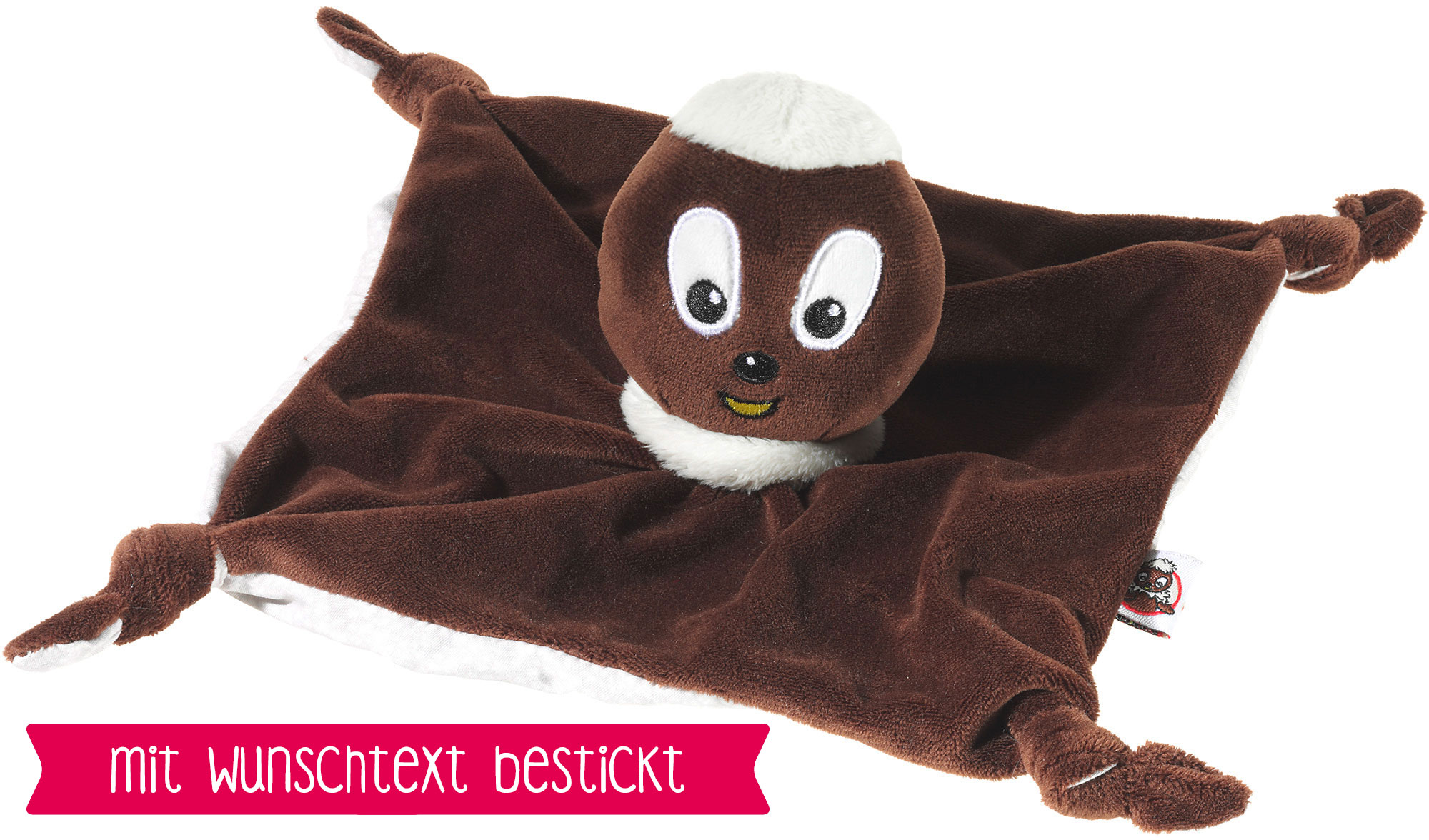 Süßes Kuschelspielzeug, Plüschtier mit Wunschtext bestickt Plüschtier-Kuscheltuch in Braun und Weiß, mit besticktem Gesicht und Wunschtext-Option