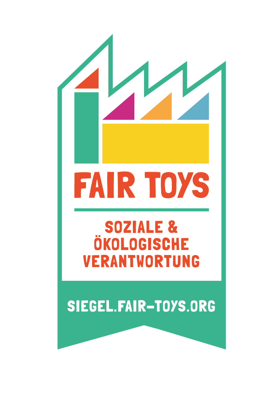 Fair Toys Siegel für soziale und ökologische Verantwortung Fair Toys Logo mit dem Text 'Soziale & Ökologische Verantwortung', Website 'siegel.fair-toys.org'