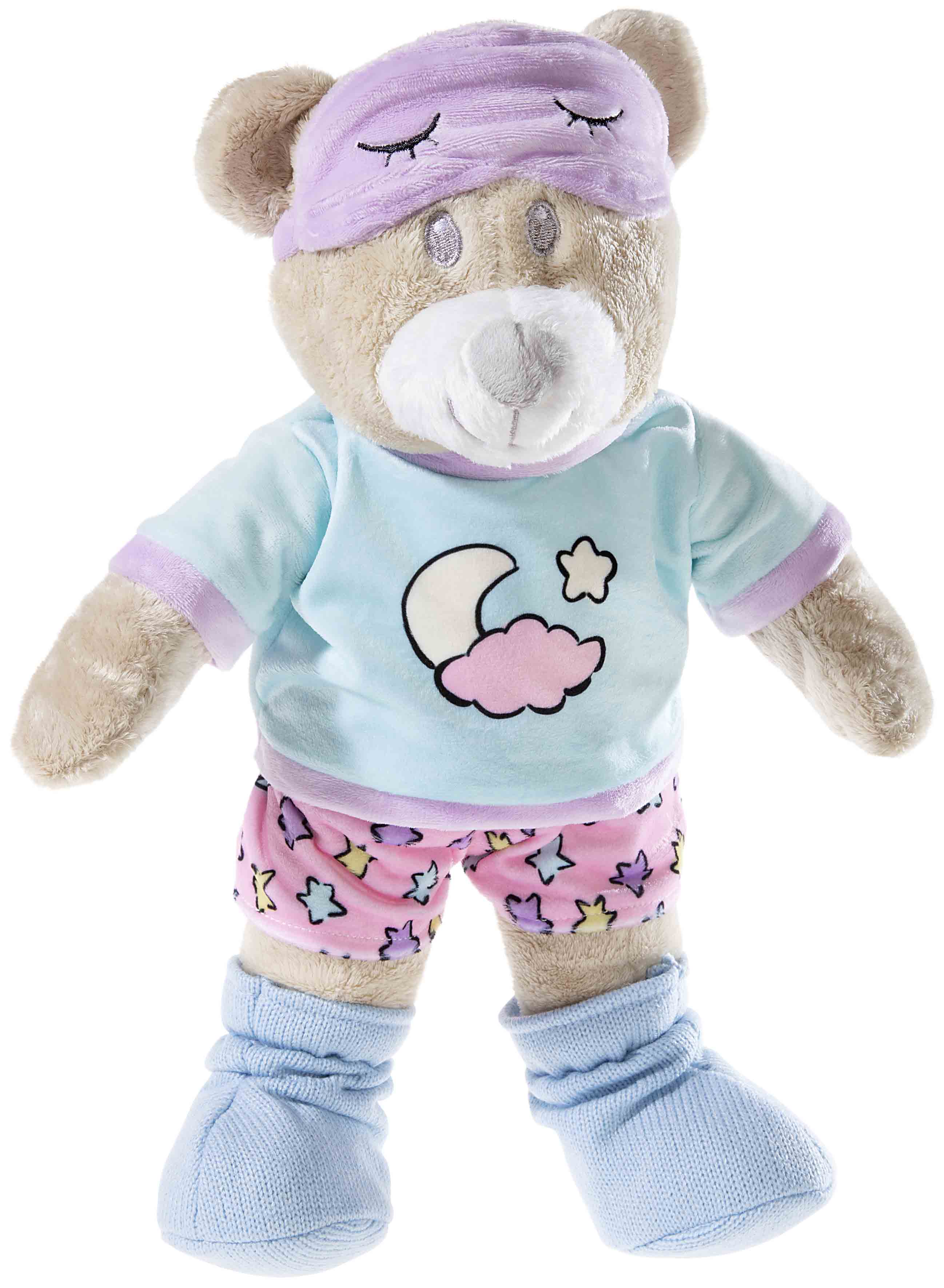 Kuscheliger Teddybär im Schlafanzug mit Schlafmaske Plüsch-Teddybär in blauem Schlafanzug mit Monden- und Wolkenmotiv sowie lila Schlafmaske