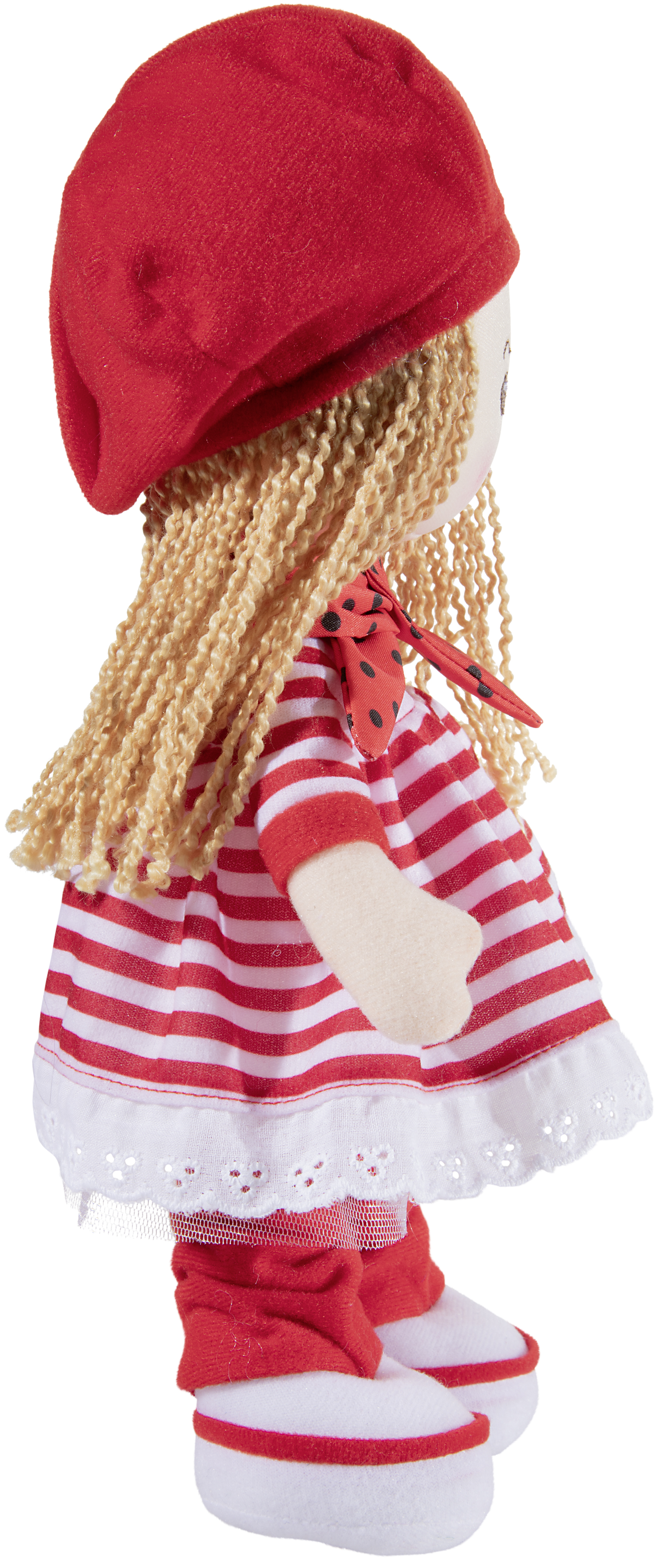 Heunec Poupetta Käferkind mit blonden Haaren, roter Mütze und rot-weiß gestreiftem Kleidchen seitlich