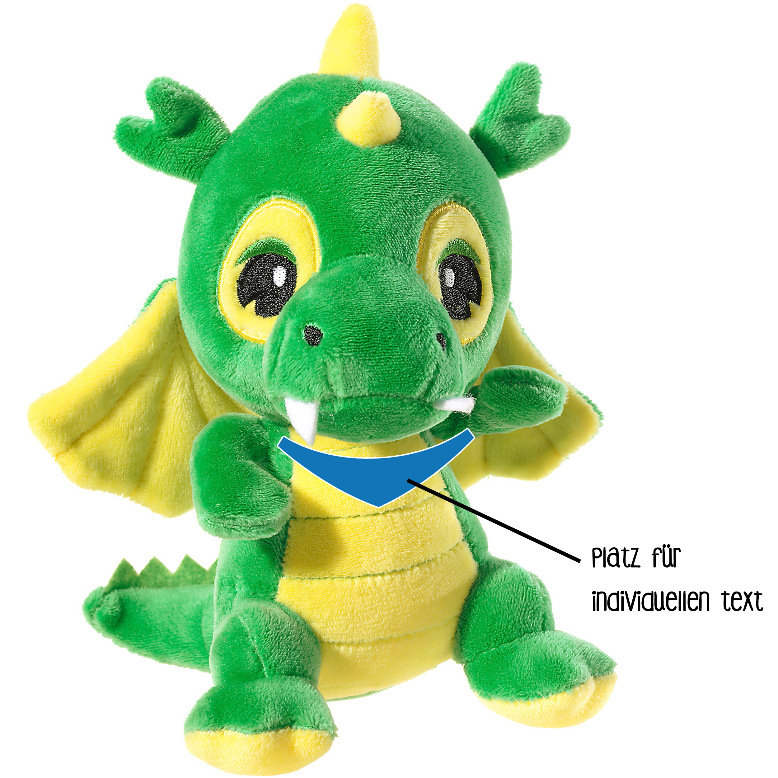 Plüschdrache in Grün und Gelb mit Farbmuster, 27x9 cm, mit Halstuch Grüner und gelber Plüschdrache mit Farbbeispielen, 27x9 cm mit Halstuch