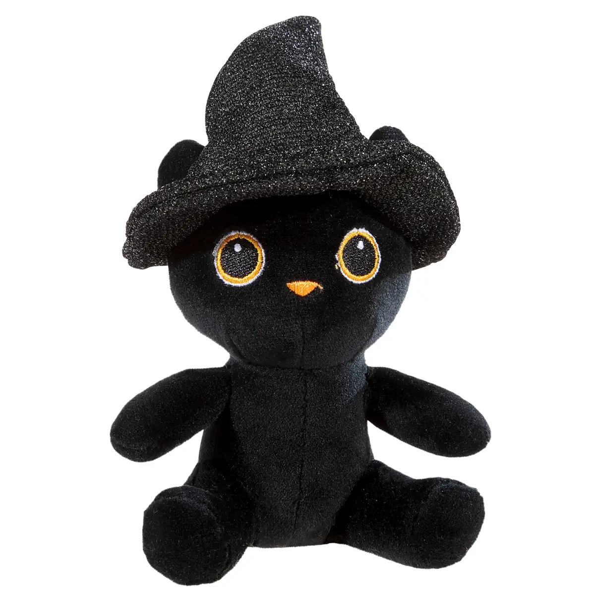 Halloween Plüschkatze im Kürbis 16 cm von heunec – weiches Kuscheltier mit schwarzer Katze, Hexenhut, gestickten Augen und orangefarbenem Kürbis, ideal zum Kuscheln, Spielen und als Halloween-Dekoration. - Ansicht nur Katze