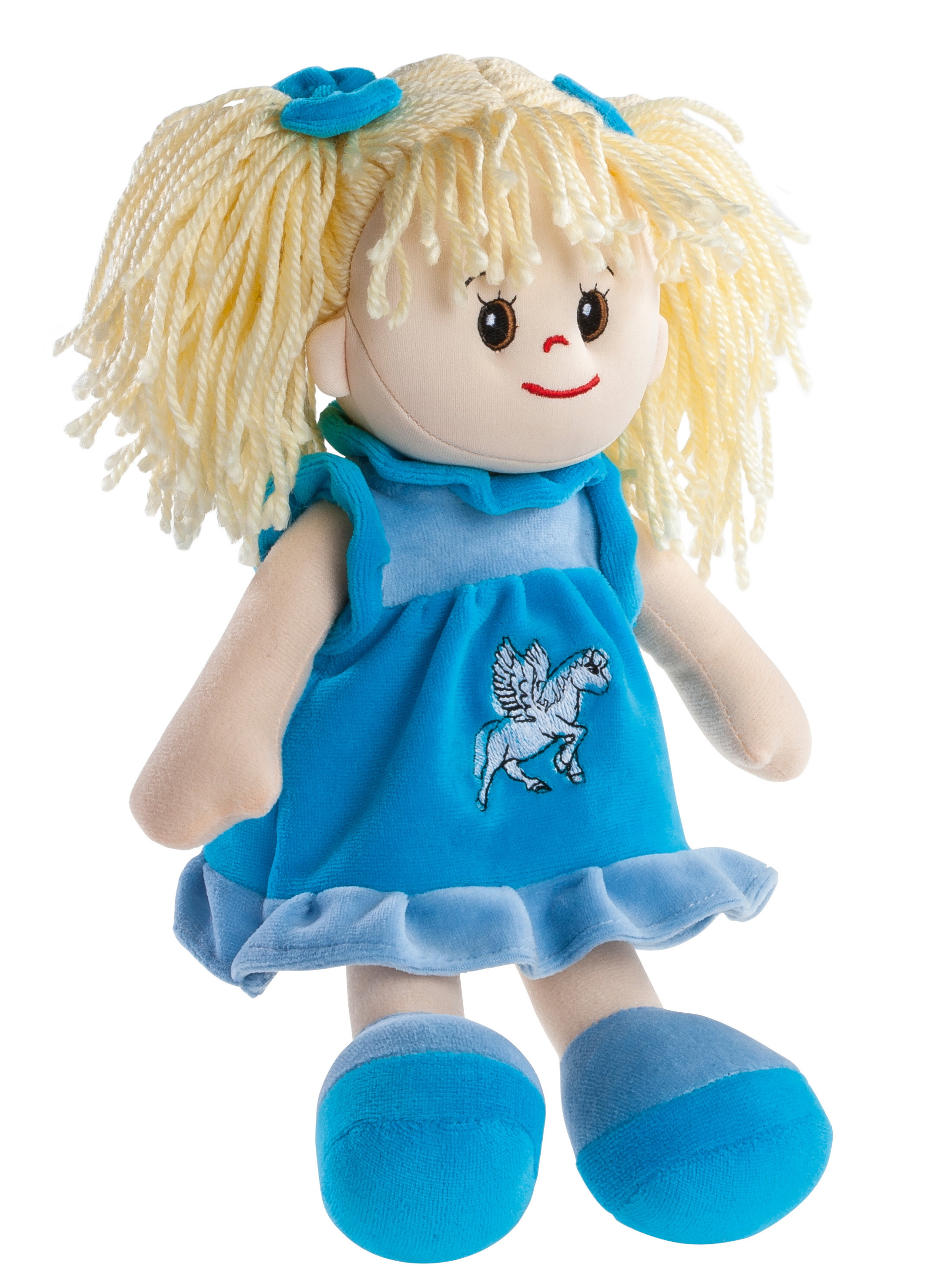 Heunec Poupetta Sindy mit blondem Haar und türkis-blauem Kleidchen und Schühchen in 30cm