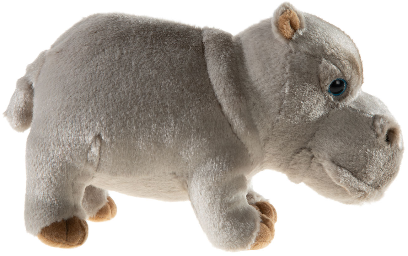 Plüsch-Nilpferd Kuscheltier seitlich Seitliche Ansicht eines weichen Plüsch-Nilpferds mit grauem Fell und blauen Augen