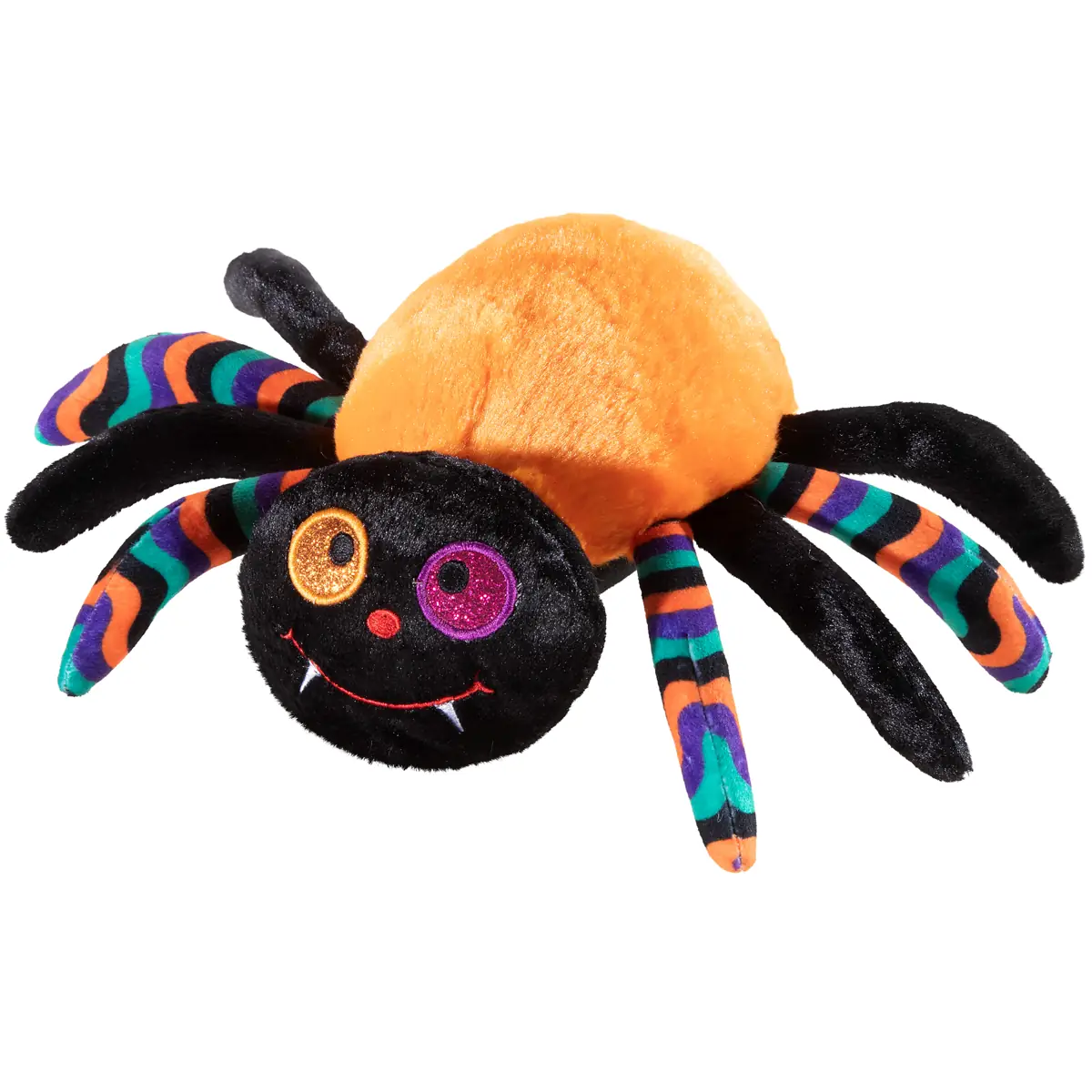 Halloween Spinne orange 22 cm von heunec – kuschelweiches Spinnen-Kuscheltier mit orangefarbenem Körper, schwarzen Beinen und großen applizierten Augen, ideal zum Kuscheln, Spielen und als Halloween-Dekoration.