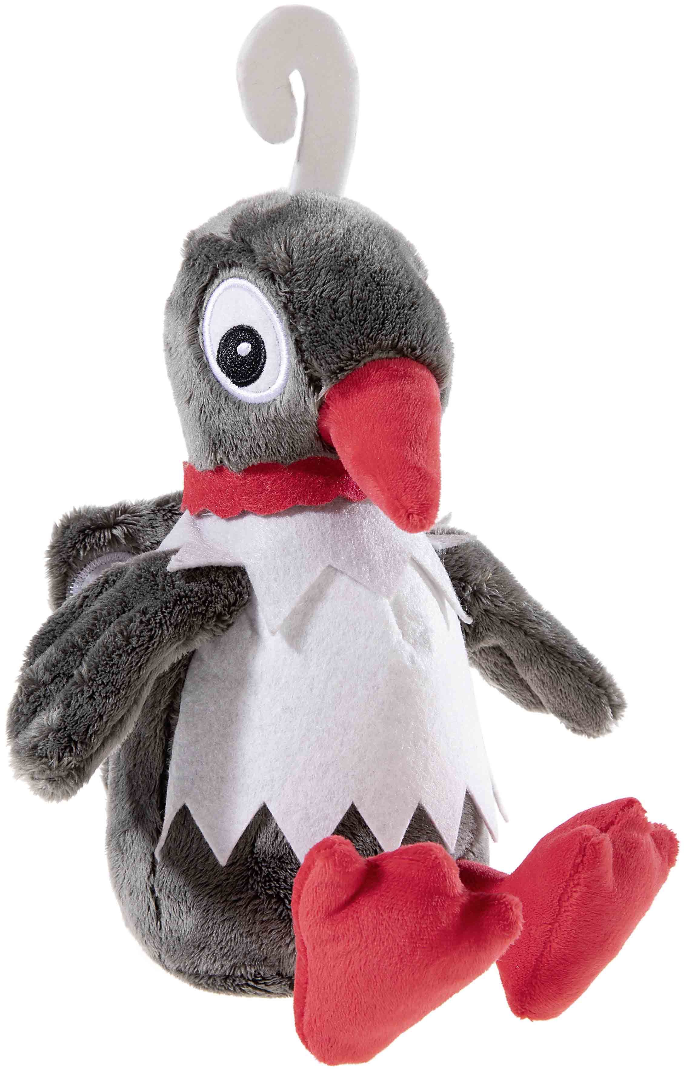 Graues Pinguin-Stofftier mit rotem Schnabel, roter Schleife und roten Füßen, geeignet als Kuscheltier
