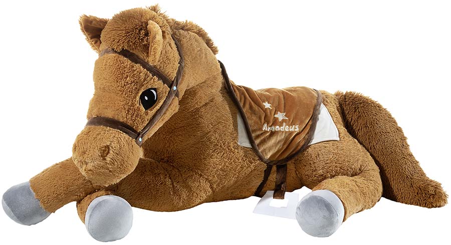 Kuschelweiches Plüschpferd "Amadeus" mit Sattel Großes, kuscheliges Plüschpferd mit braunem Fell und aufgesticktem Sattel mit Namen "Amadeus" für Kinder.