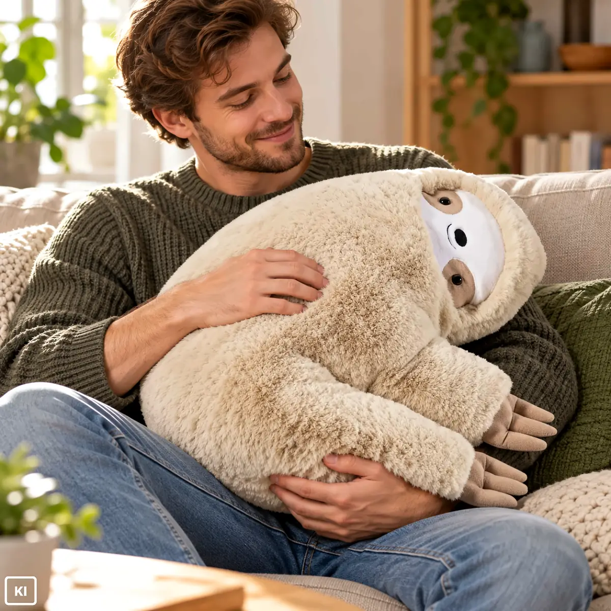 Faultier Kissen Beige 50 cm in schräger Ansicht mit rundem Körper, hellem Gesicht, braunen Augenpartien und kleinen Krallen - KI generiert