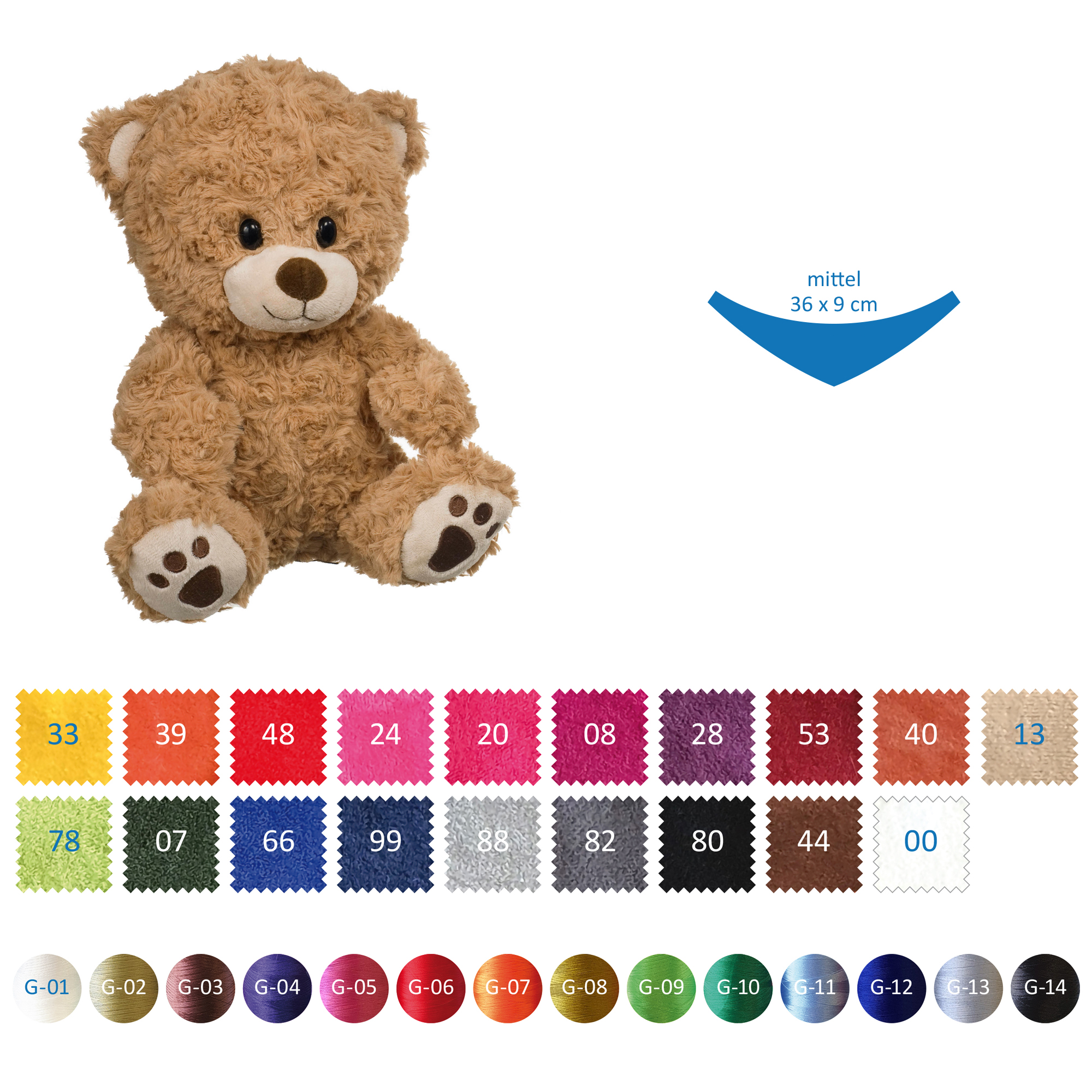 Ein mittelgroßer Plüsch-Teddybär, daneben Stoffmuster in verschiedenen Farben (36 x 9 cm)