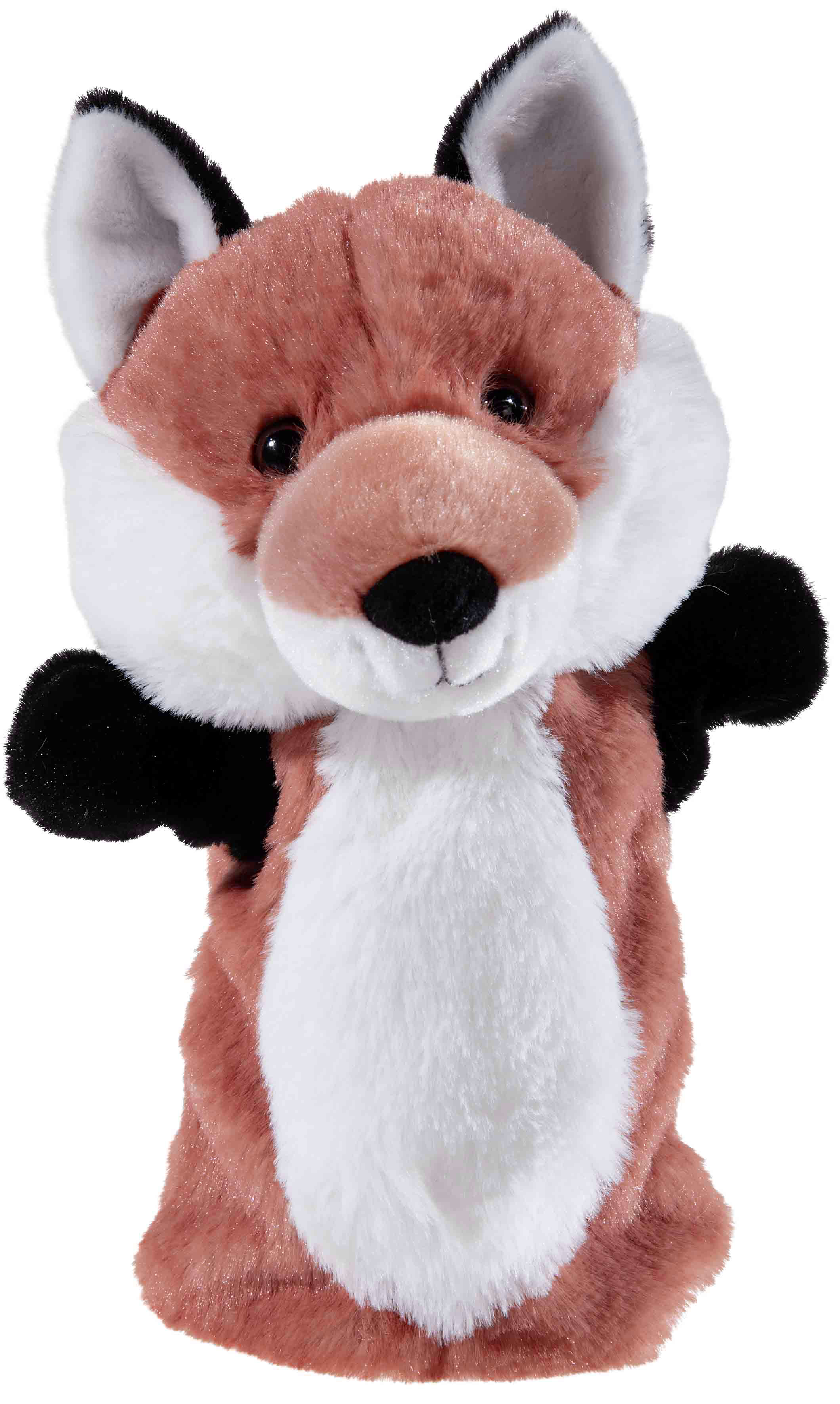 Weiche und flauschige Fuchs-Handpuppe aus braunem und weißem Plüsch mit schwarzen Akzenten, ideal zum Spielen und Kuscheln.