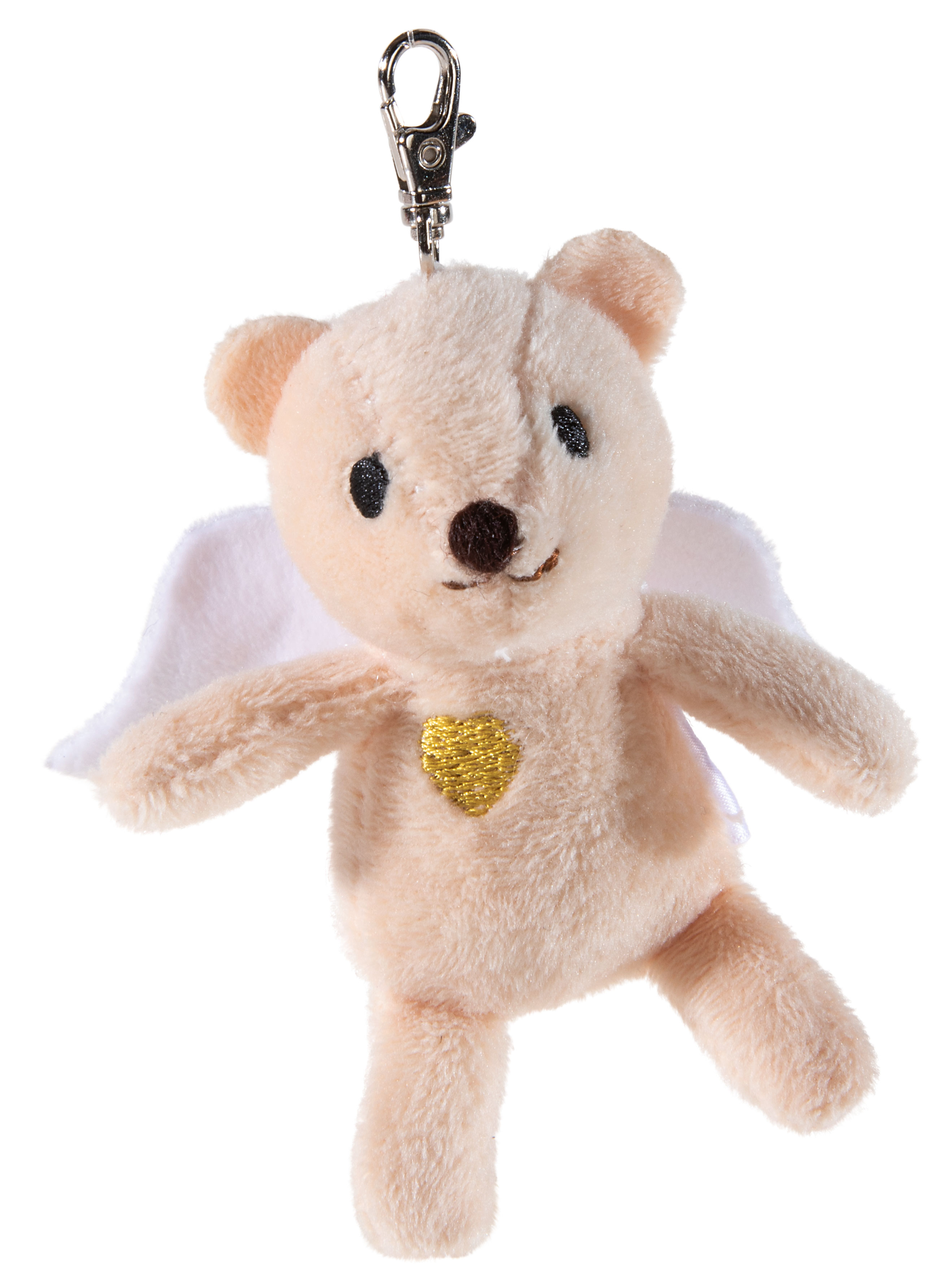 Weicher Teddybär-Schlüsselanhänger mit weißen Flügeln und goldenem Herz, ausgestattet mit einem Metallclip