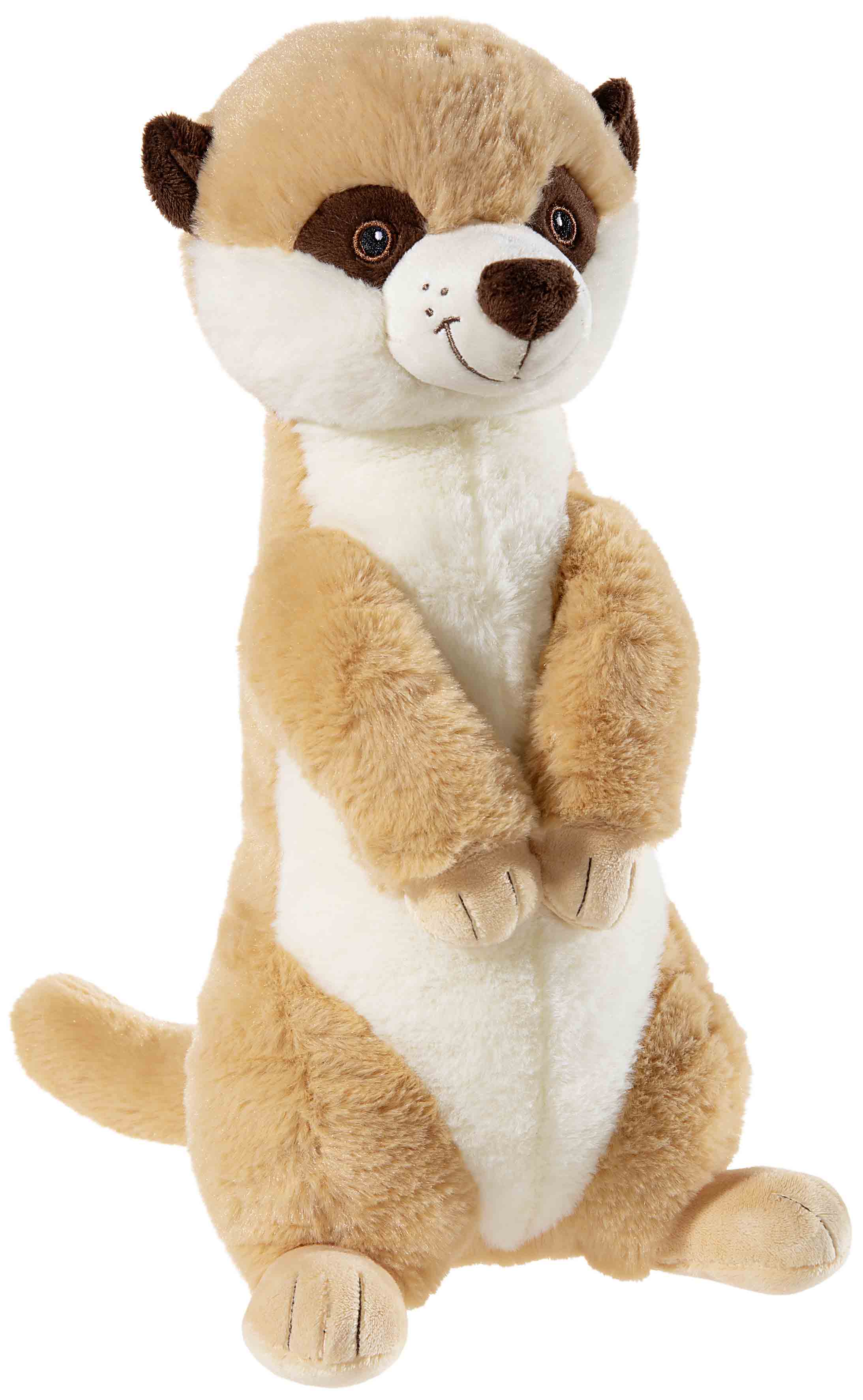 Weiches Stofftier Erdmännchen aus Plüsch sitzend Ein sitzendes, plüschiges Erdmännchen-Stofftier mit braunem und weißem Fell und einem freundlichen Gesichtsausdruck.