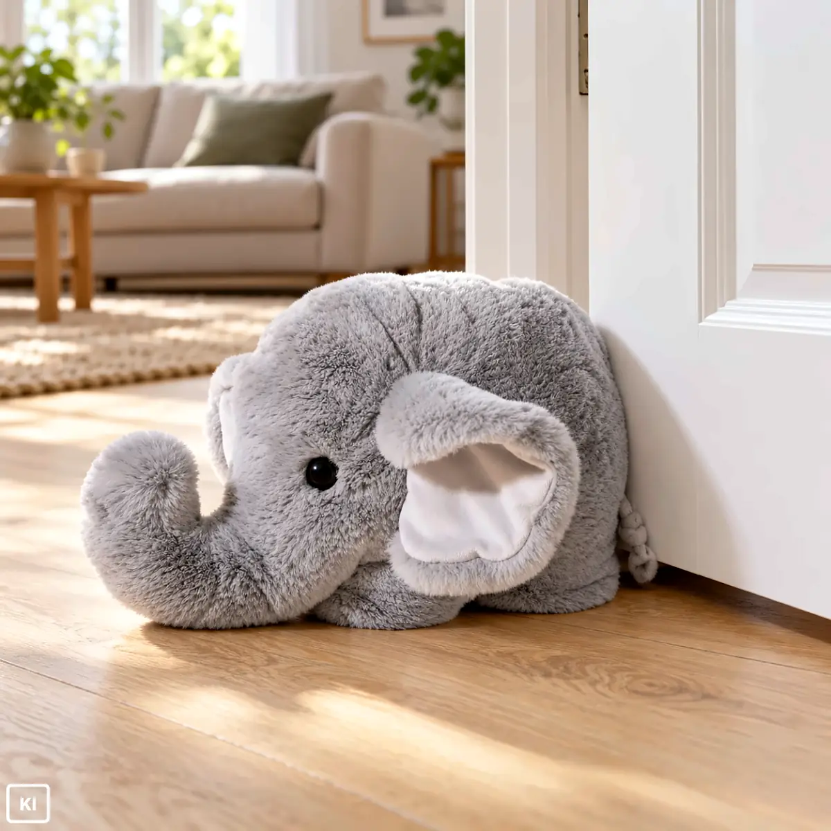Elefant Türstopper Grau 50 cm in schräger Vorderansicht mit hochgebogenem Rüssel, schwarzen Augen und hellen Ohrinnenseiten an der Türangelehnt als Türstopper - KI generiertes Bild