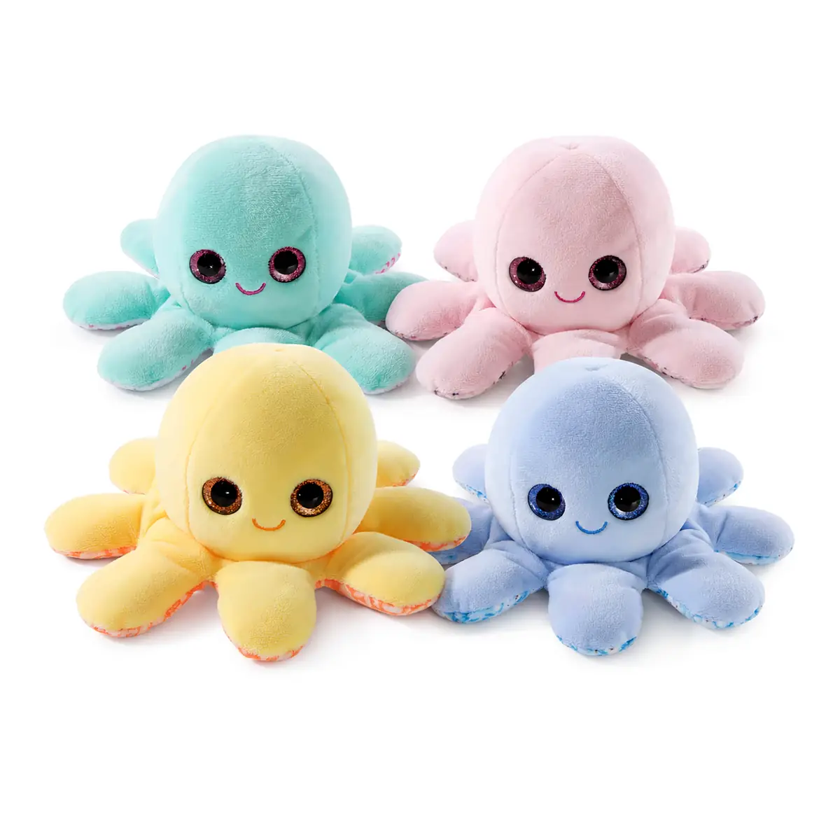 Vier Oktopus-Plüschtiere in Mint, Rosa, Gelb und Hellblau als pastellfarbenes 4er-Set