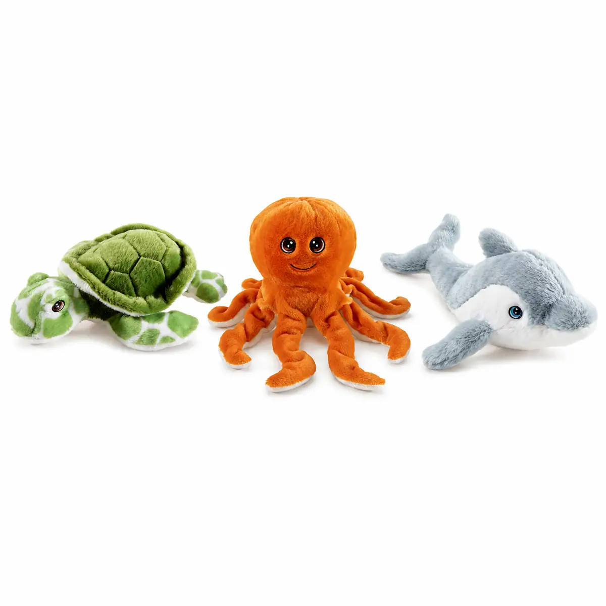 Meerestiere Kuscheltier-Set mit grüner Schildkröte, orangefarbenem Oktopus und grau-weißem Delfin