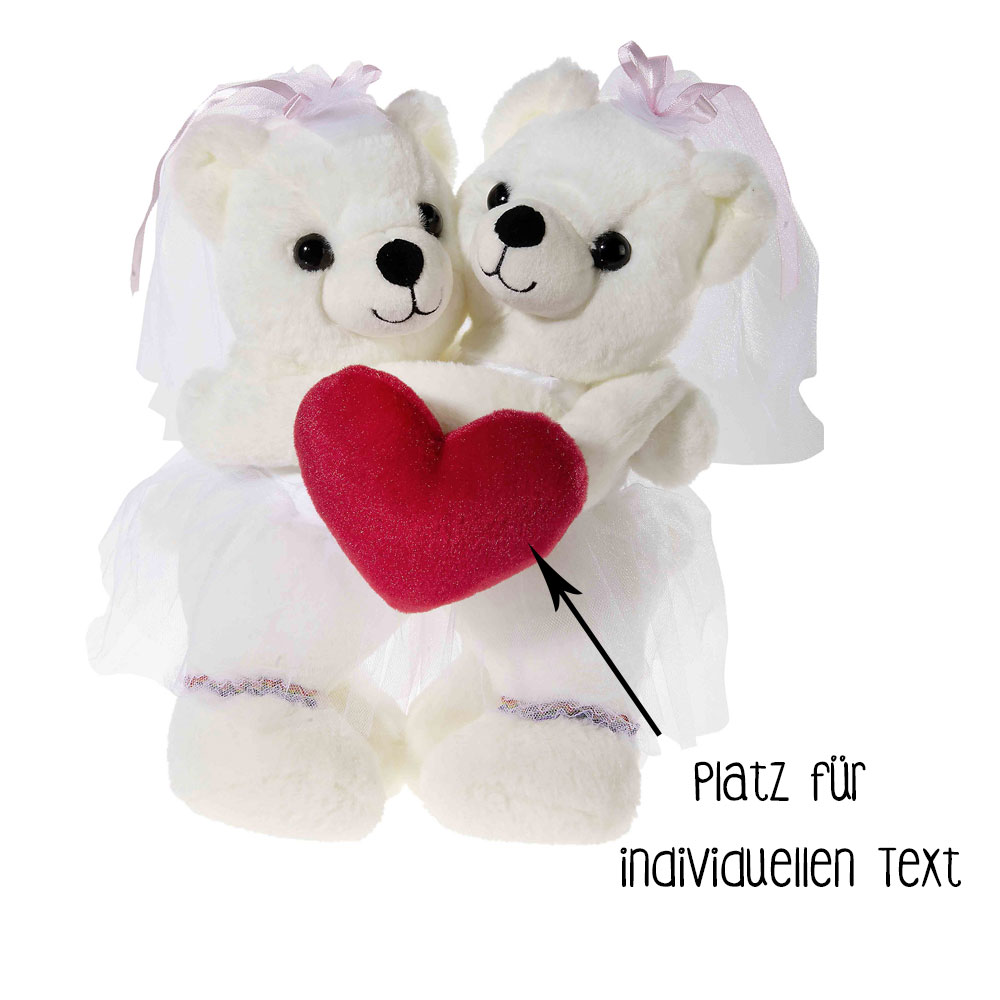 Plüsch-Teddybär-Paar mit Herz und Platz für individuellen Text Zwei weiße Plüsch-Teddybären in Brautkleidung halten ein rotes Herz mit Platz für individuellen Text in der Mitte