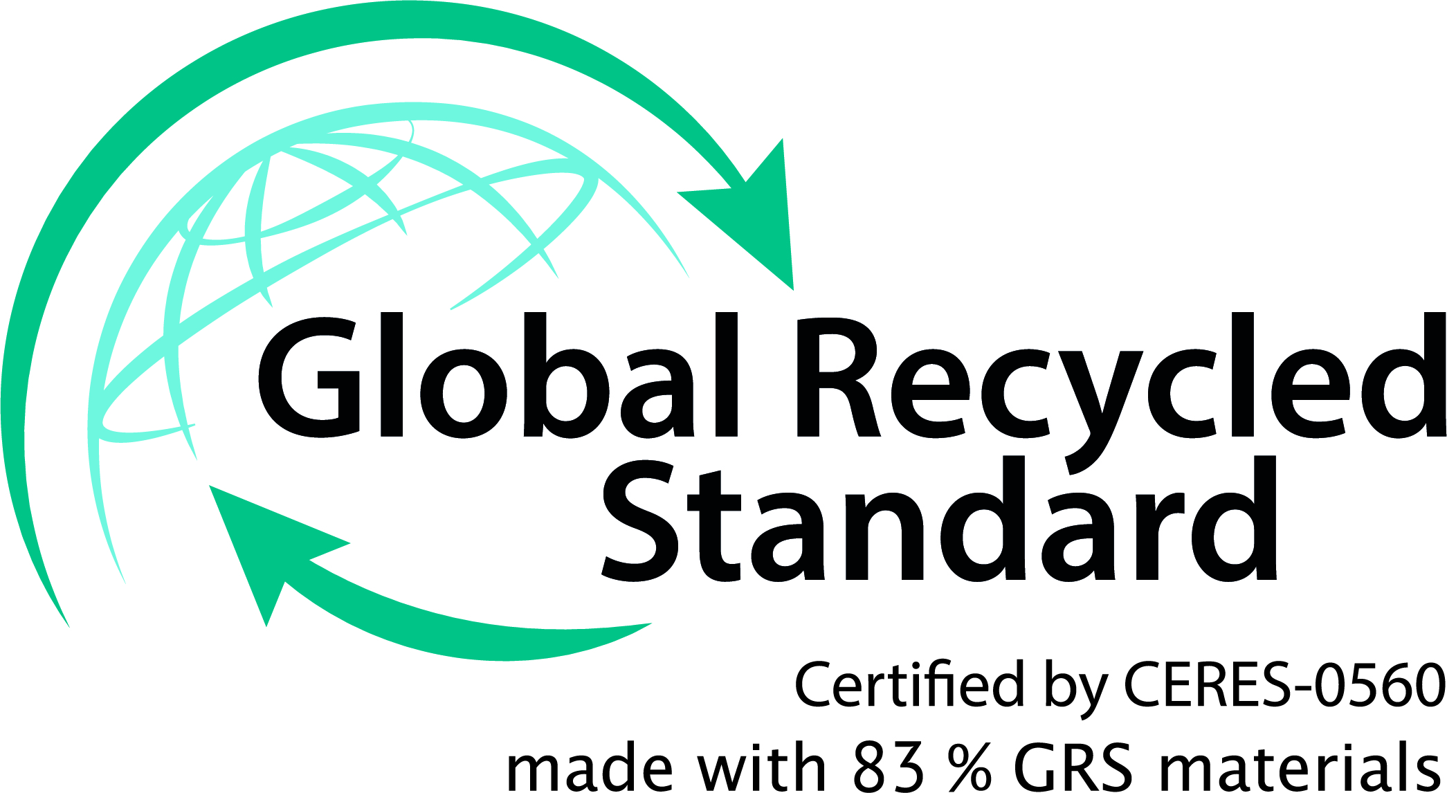 Logo des Global Recycled Standard mit Hinweis auf Zertifizierung durch CERES-0560 und Verwendung von 83 % GRS-Materialien.