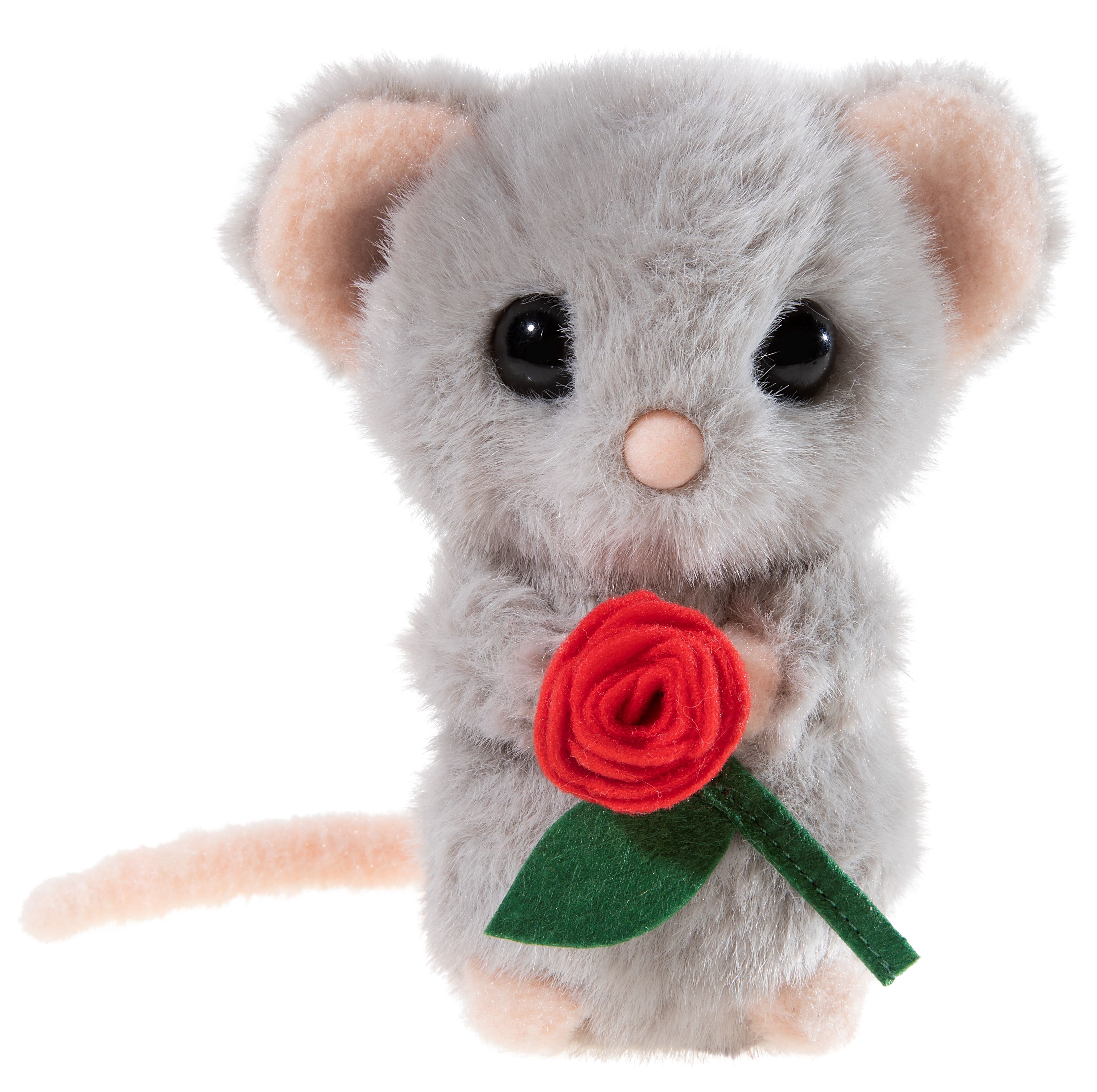 Maus mit Rose 15cm - Kleine Plüschmaus mit roter Rose in der Hand in grau farbigem Plüsch