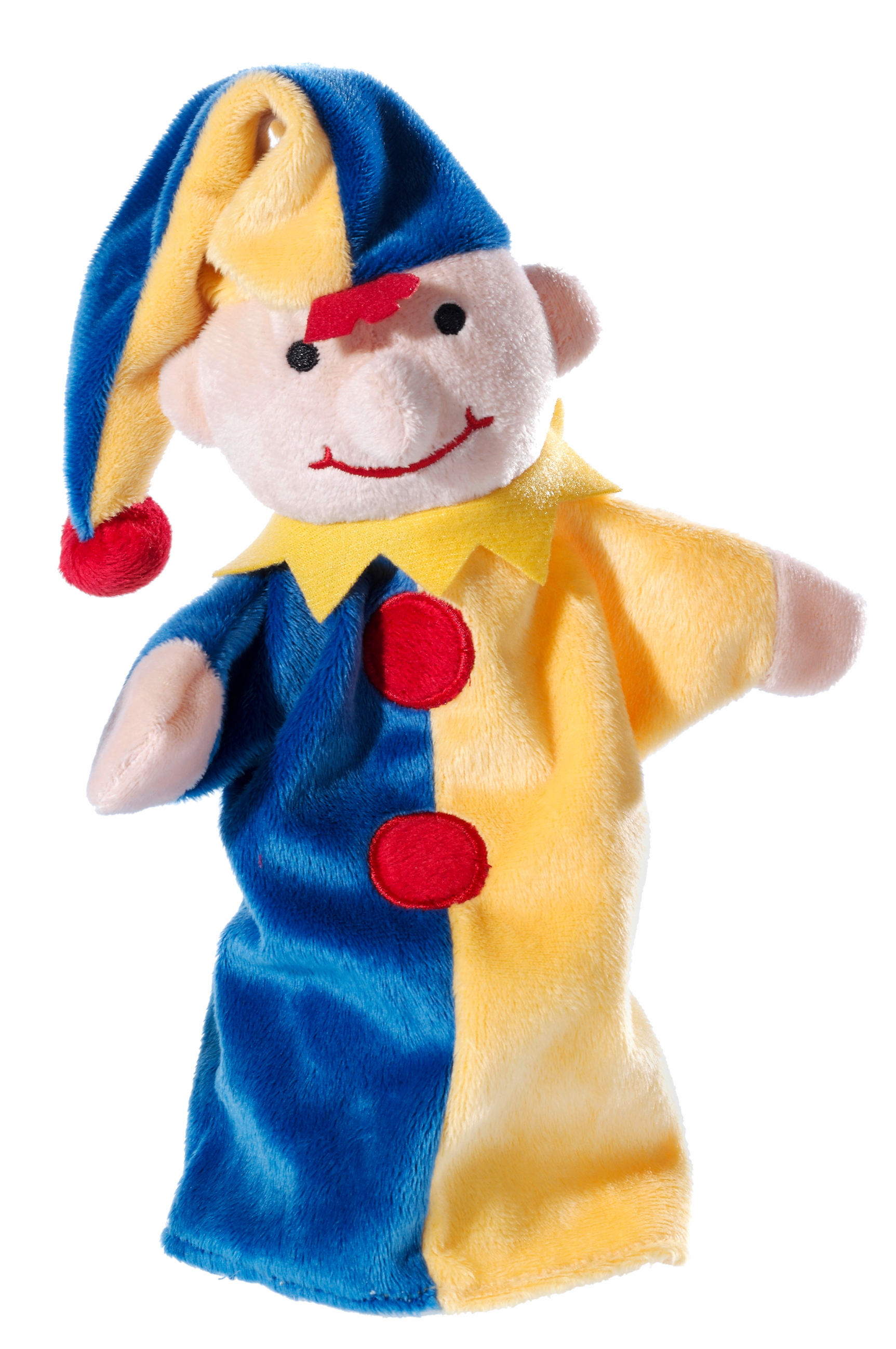 Heunec Handspielpuppe Kasperl im blau-gelben Gewandt und Zipfelmütze mit roten Knöpfen und Bommel
