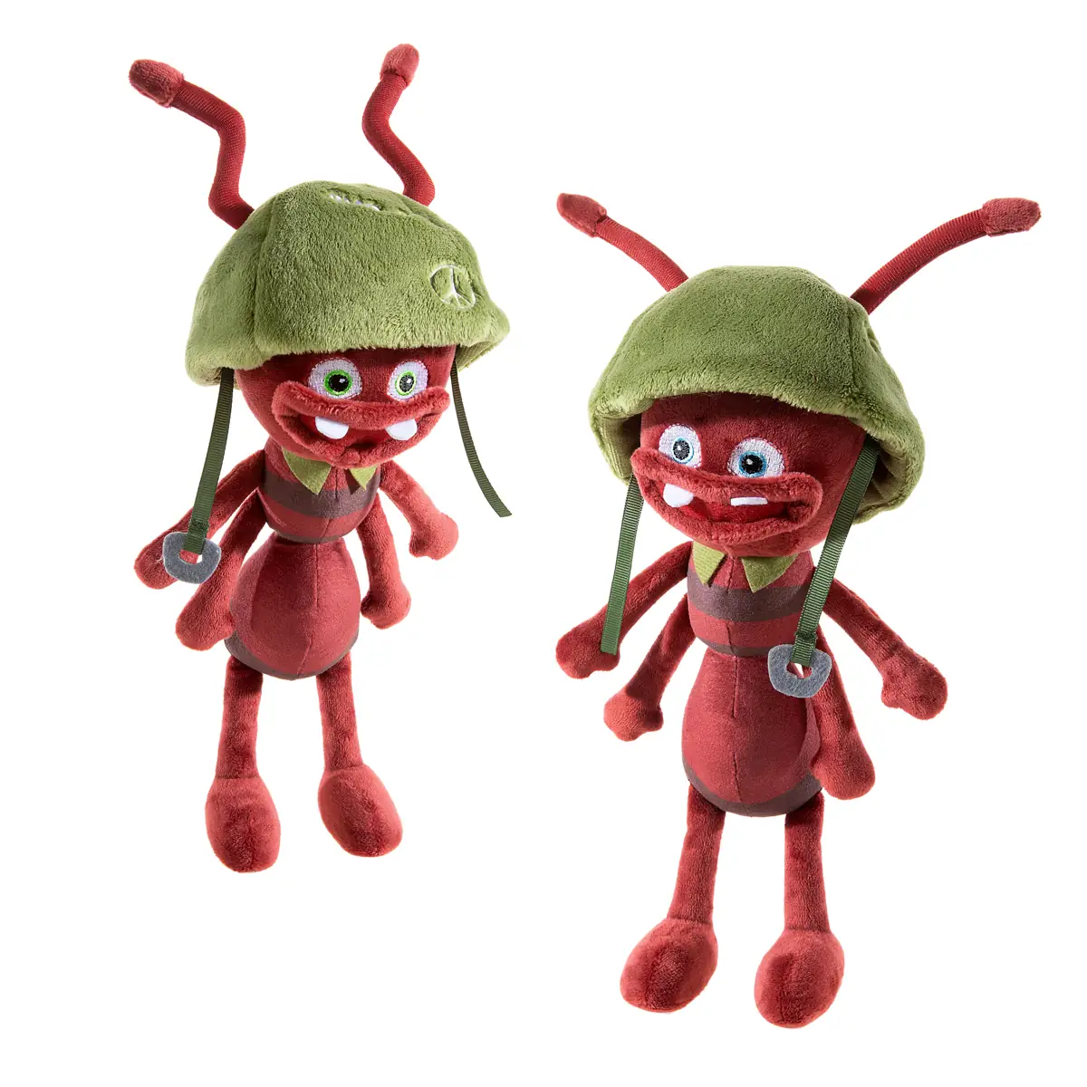 Arnie und Barney aus Biene Maja als braune Ameisen-Kuscheltiere mit grünen Helmen, 25 cm groß, im 2er-Set