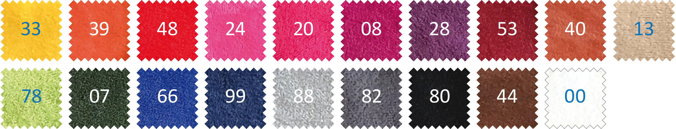 Farbmuster mit verschiedenen Stoffproben in Rot, Pink, Blau, Grün und Braun, nummeriert von 00 bis 99.
