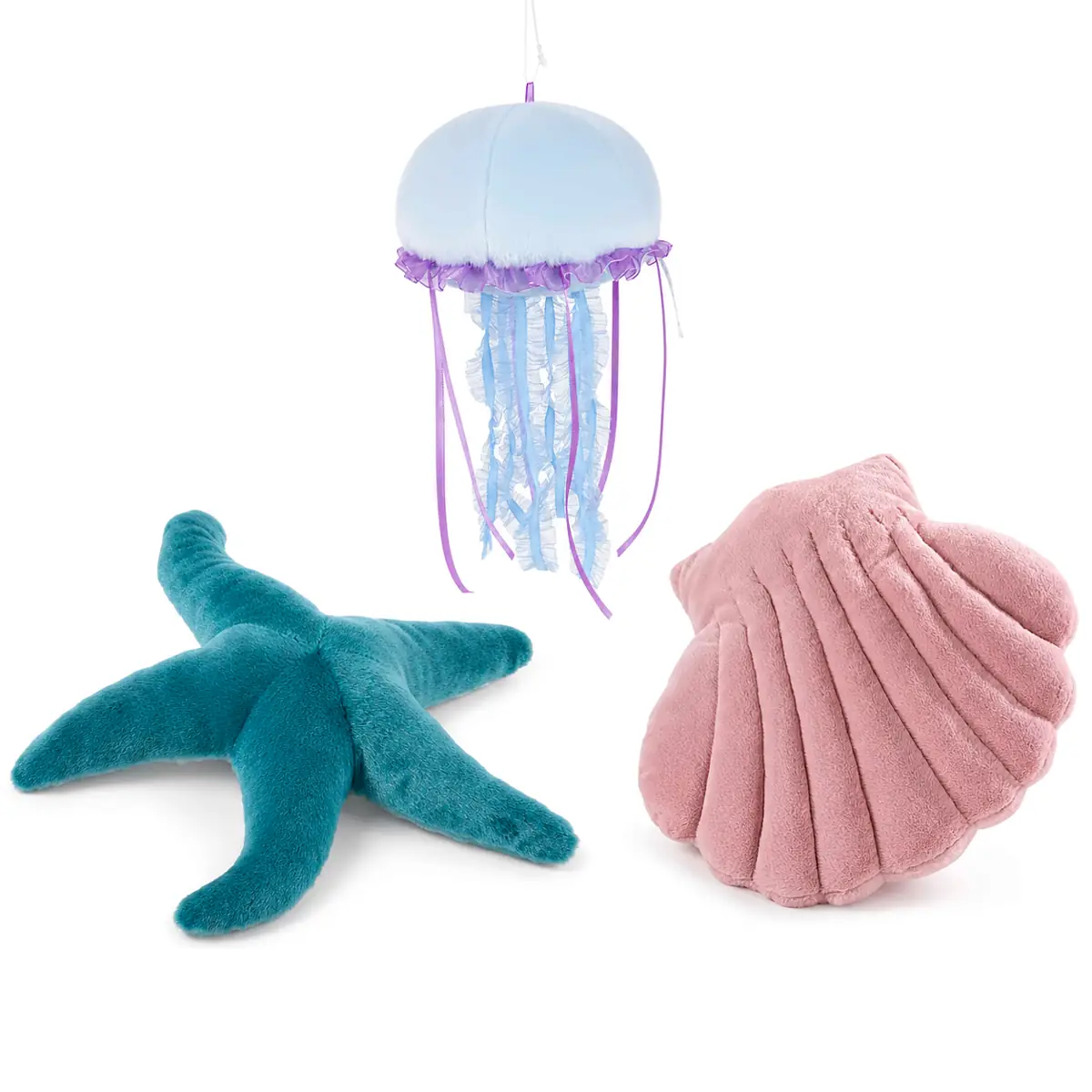Meerestiere Plüsch-Set mit blau-lilafarbener Qualle, grünem Seestern und lachsfarbenem Muschelkissen