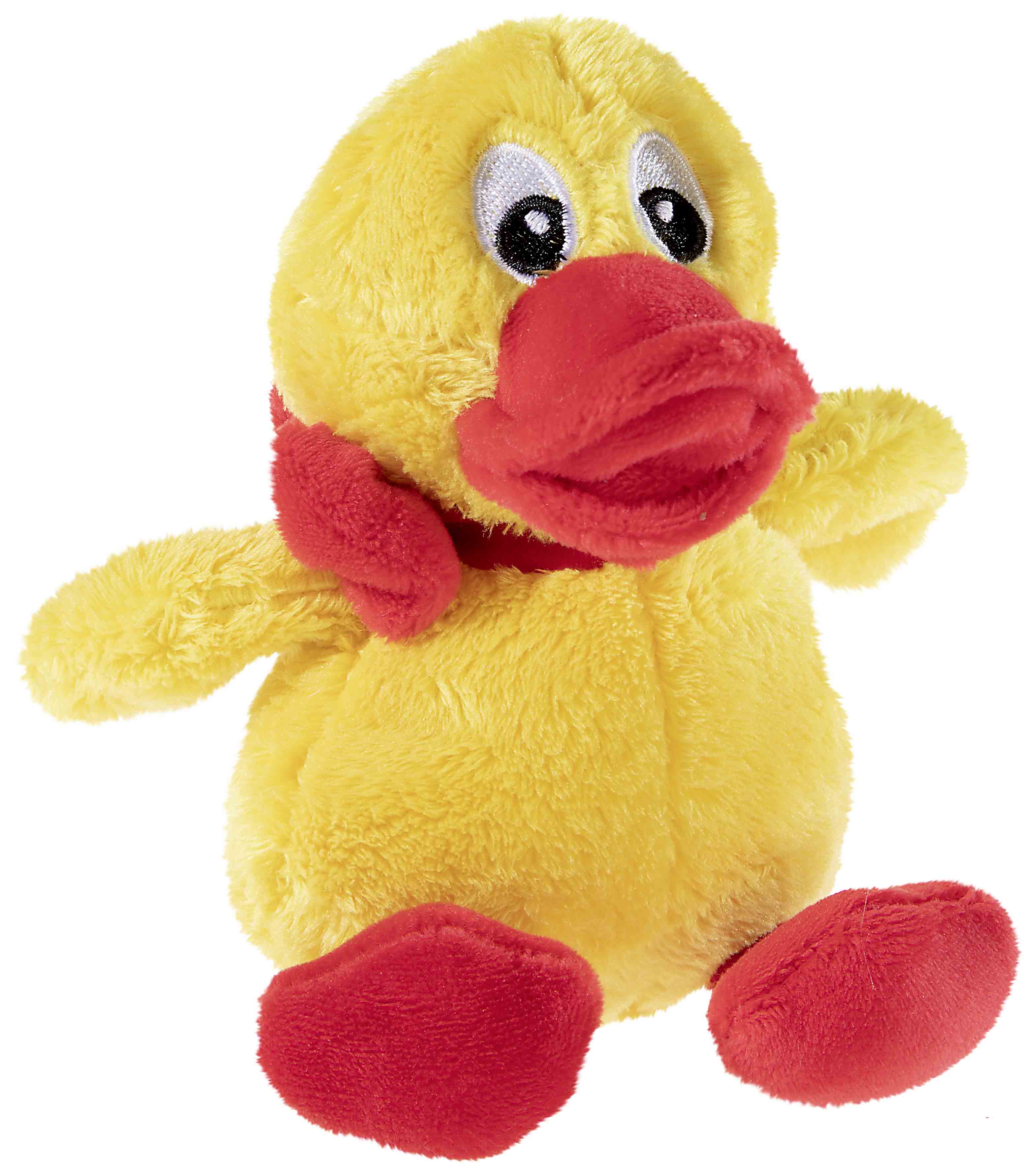 Ein süßes gelbes Stofftier in Form einer Ente mit rotem Schnabel und roten Füßen