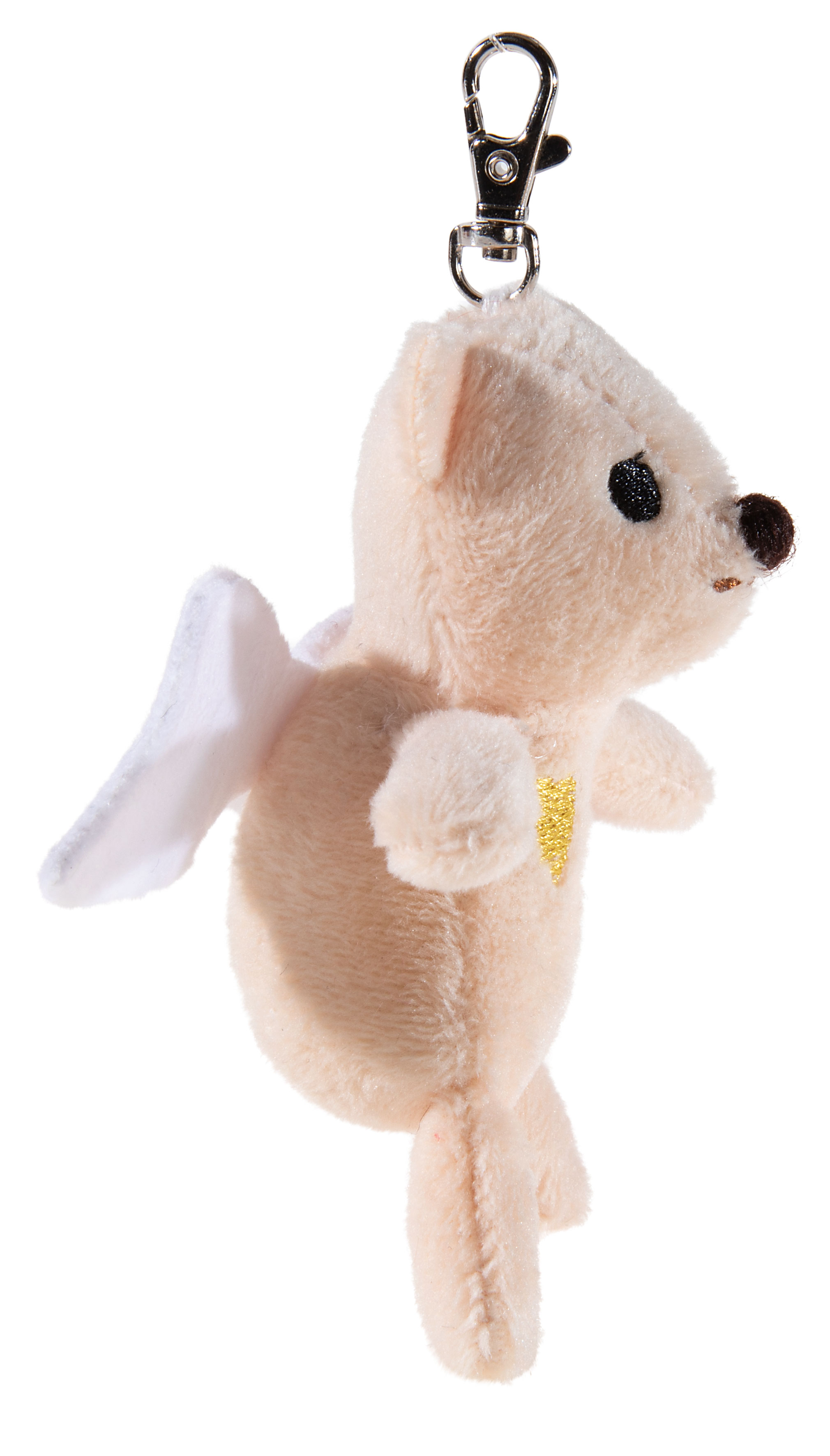 Ein weicher, beige Plüschbär mit Flügeln und Schlüsselring, ideal als Schlüsselanhänger oder Taschenaccessoire.