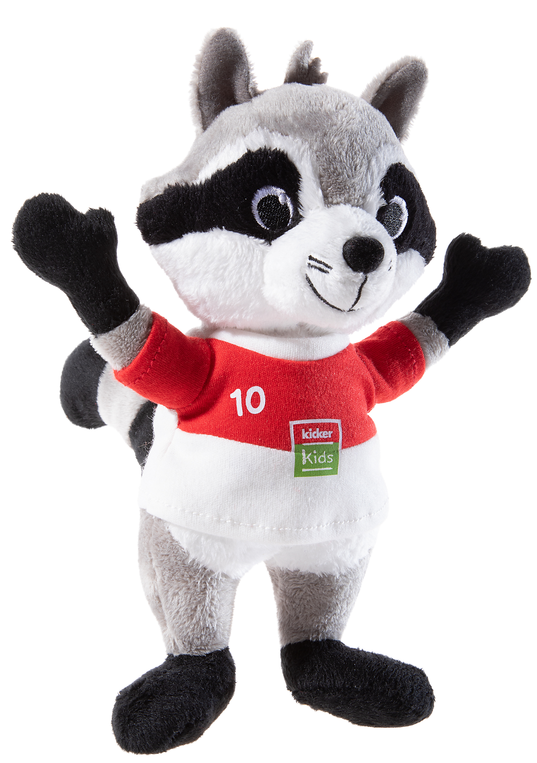 Plüsch-Waschbär in rotem Sportshirt mit der Nummer 10 für Kinder