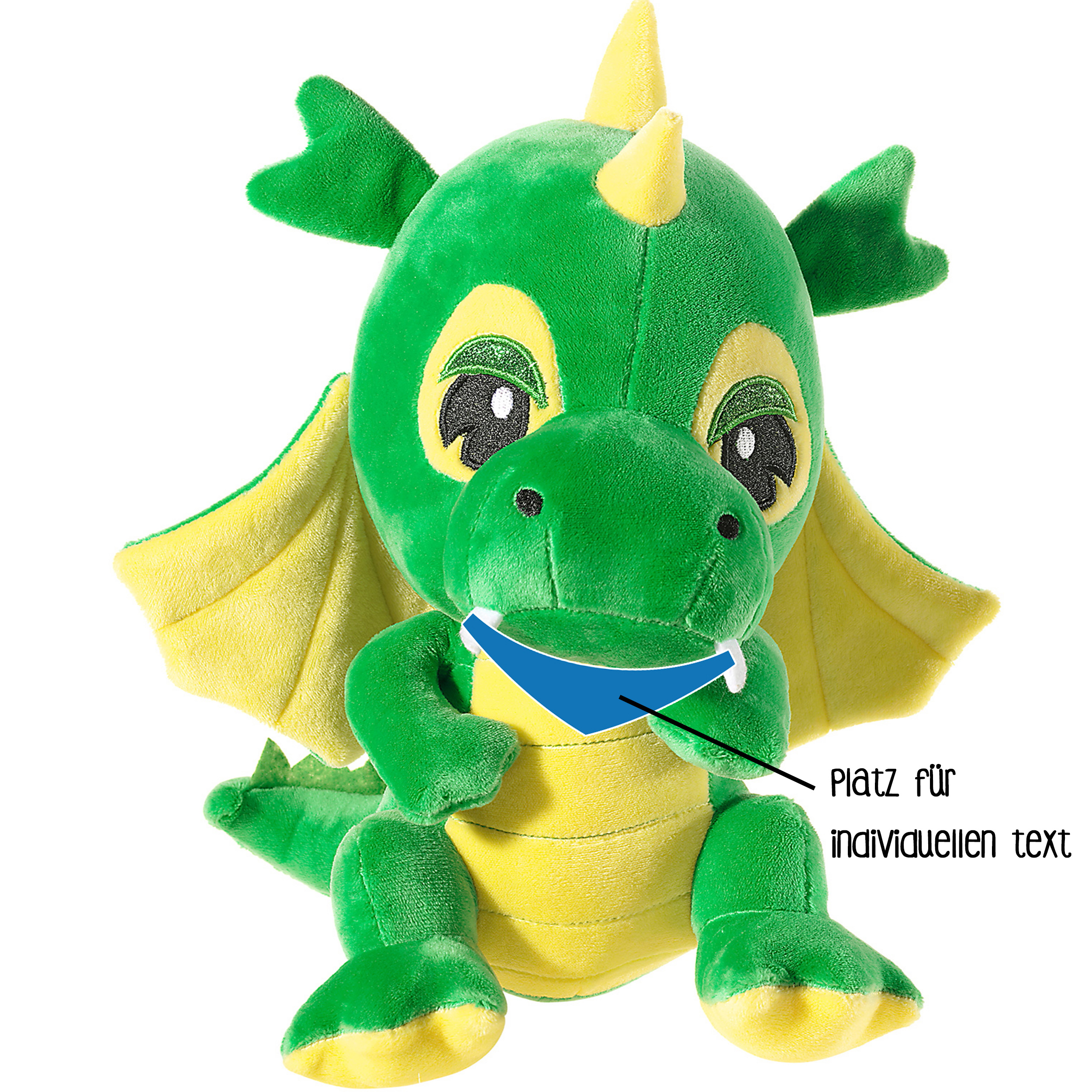 Plüschdrache 27x9 cm mit verschiedenen Farboptionen Grüner Plüschdrache mit gelben Flügeln und verschiedenen Stofffarben zur Auswahl mit angefügtem Halstuch