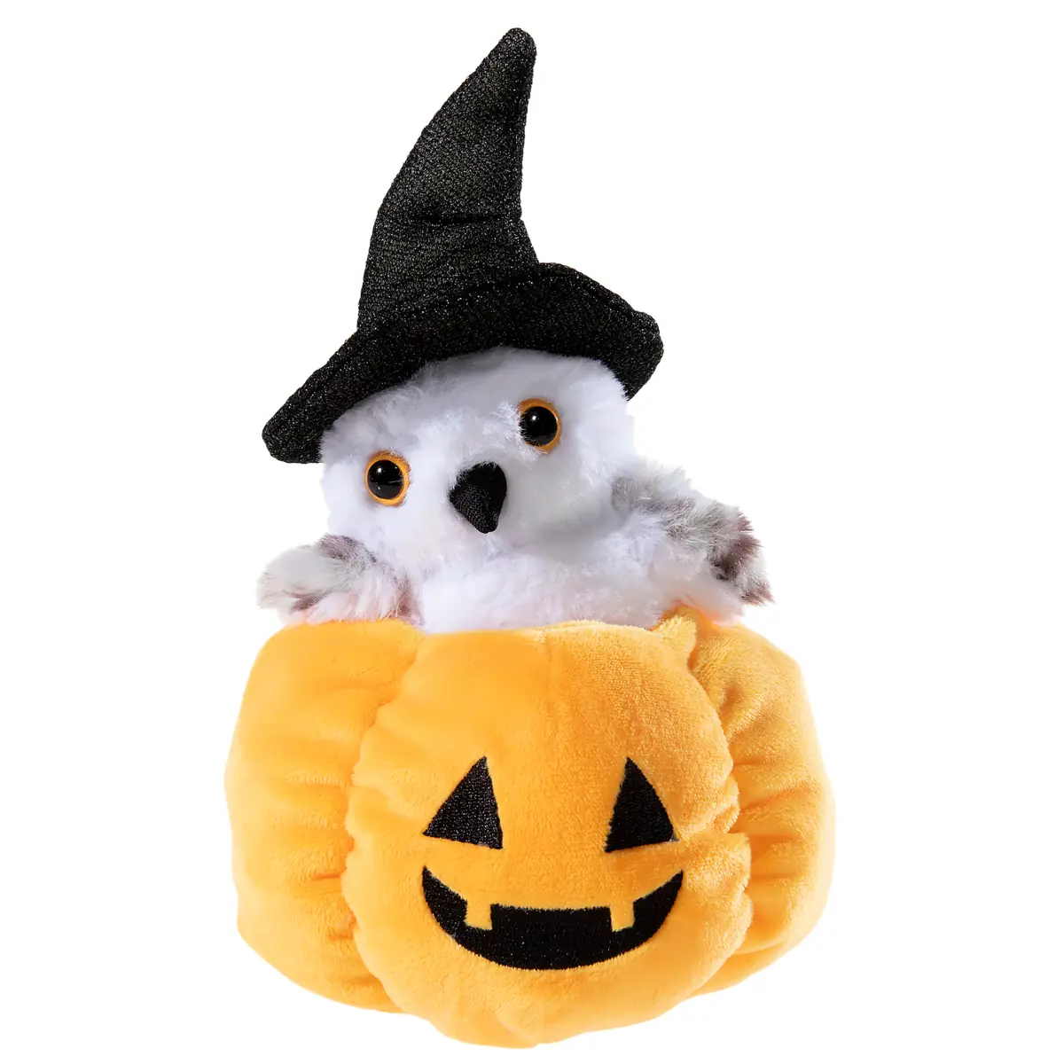 Halloween Plüscheule im Kürbis 16 cm von heunec – weiches Kuscheltier mit Schneeeule, Hexenhut, orangefarbenem Kürbis und liebevollen Details, ideal zum Kuscheln, Spielen und als Halloween-Dekoration.