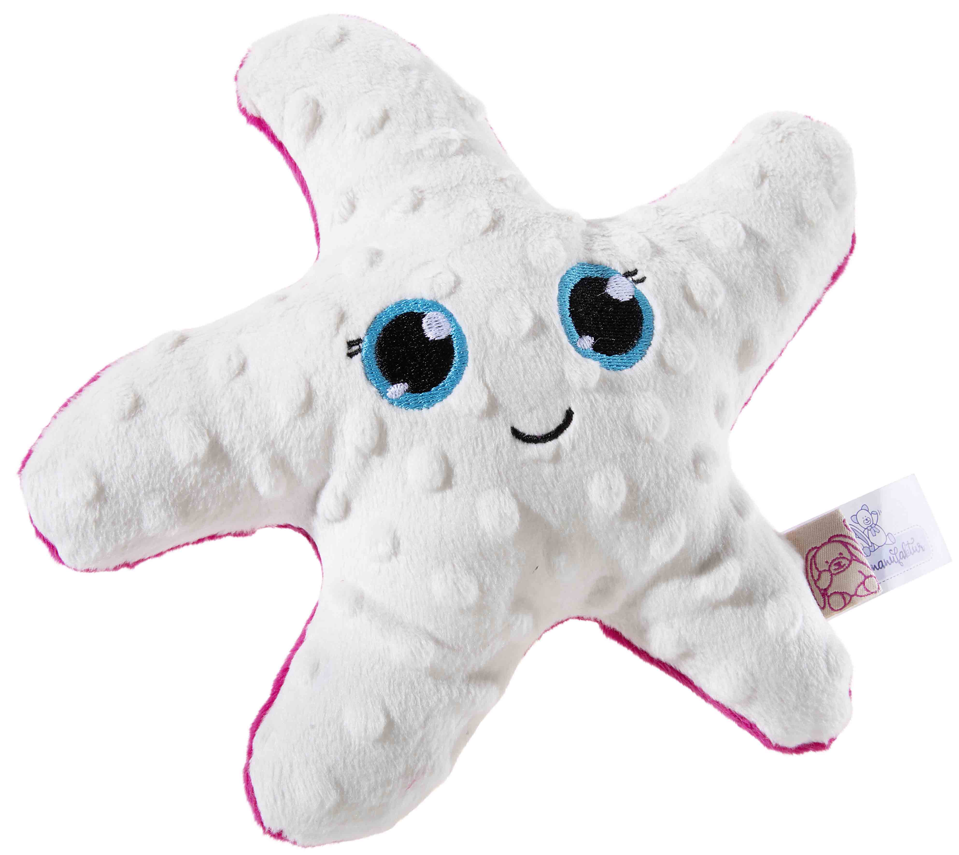 Ein weicher, weißer Plüsch-Seestern mit blauen Augen und einem Lächeln, ideal als Kuscheltier für Kinder geeignet.