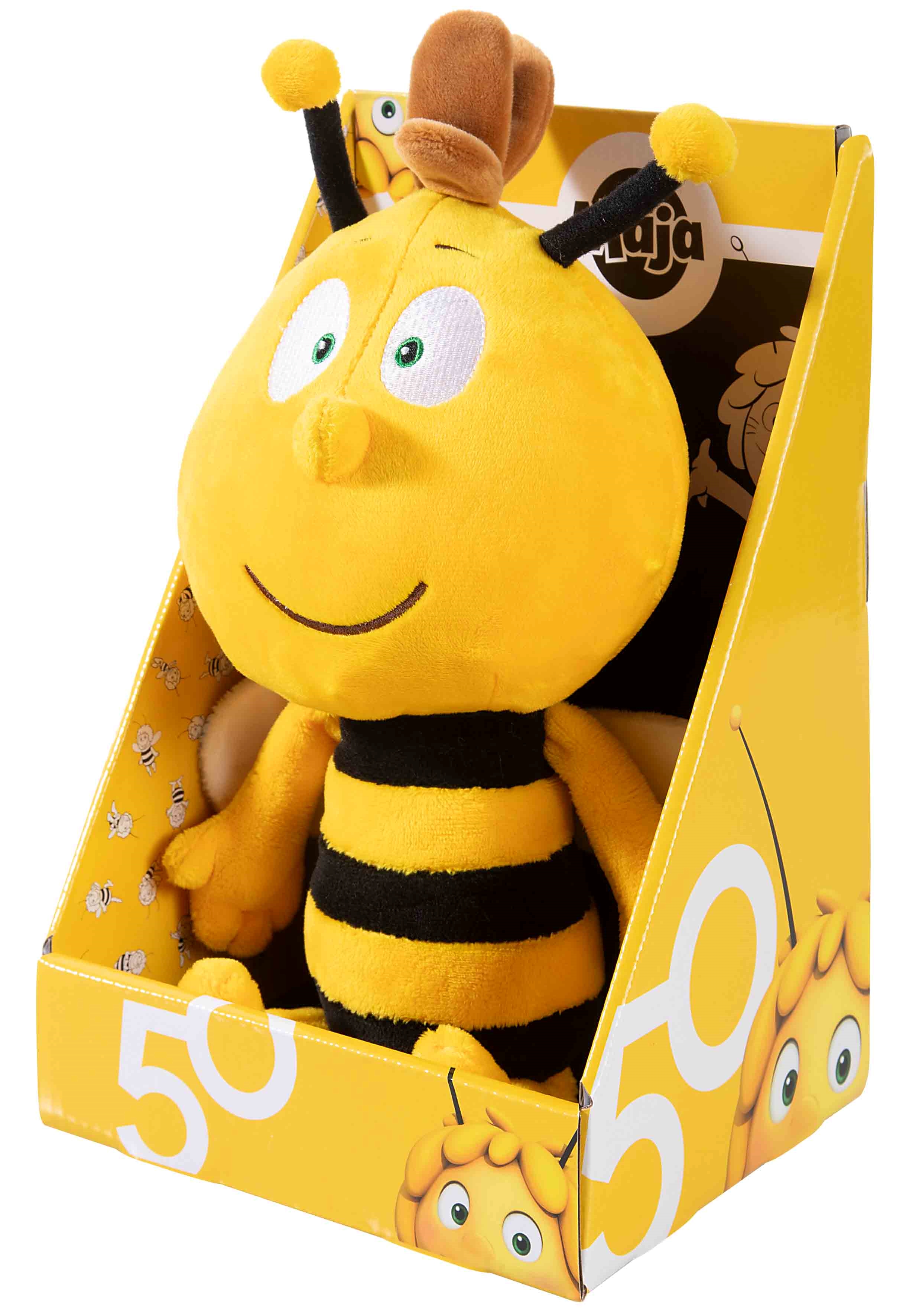Gelbes Bienen-Plüschtier mit gesticktem Gesicht und schwarzen Streifen - mit Display
