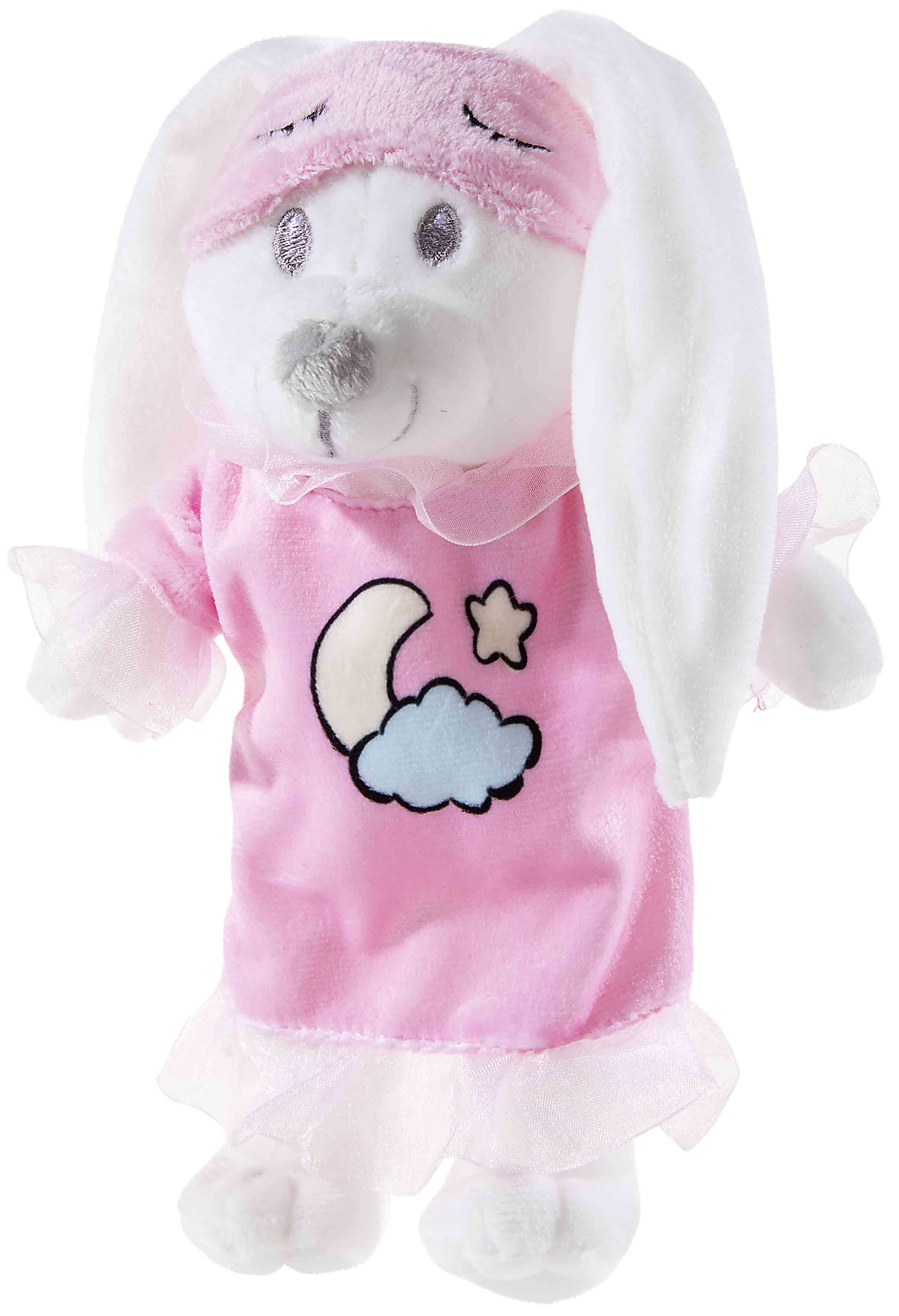 Plüschhase im rosa Nachtgewand mit Mütze Weißer Plüschtier-Hase trägt ein rosa Schlafanzug mit Mond- und Sternmotiv sowie passender Schlafmaske.