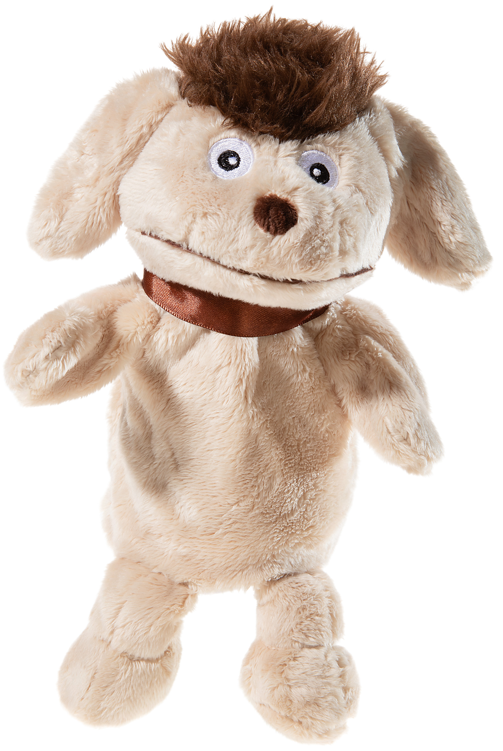 Niedliche Plüsch-Hund Handpuppe in Beige mit braunem Haar, ideal für Puppenspiele, Kuscheln und kreative Unterhaltung.