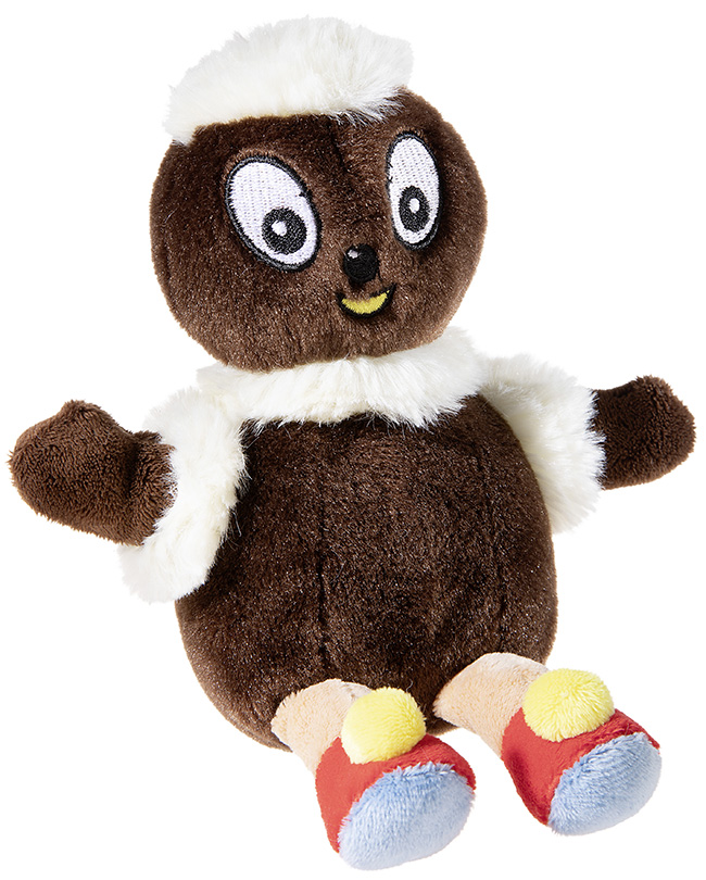 Plüschfigur mit großen Augen und bunter Kleidung Lustige Plüschfigur mit braunem Fell, großen Augen und flauschigem weißen Kragen, bunte Füße in rot und blau