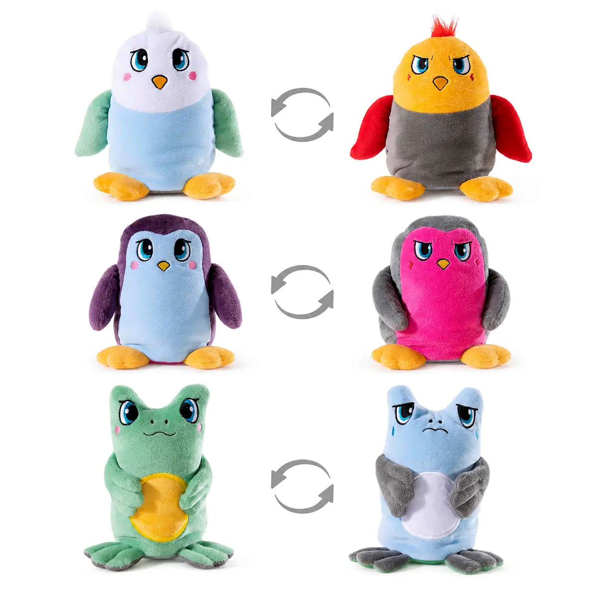 Moodbooster 3er-Set mit Vögelchen Eve, Pingüchen Bob und Fröschchen Otto, jeweils in beiden Wendestimmungen mit Pfeil dargestellt.