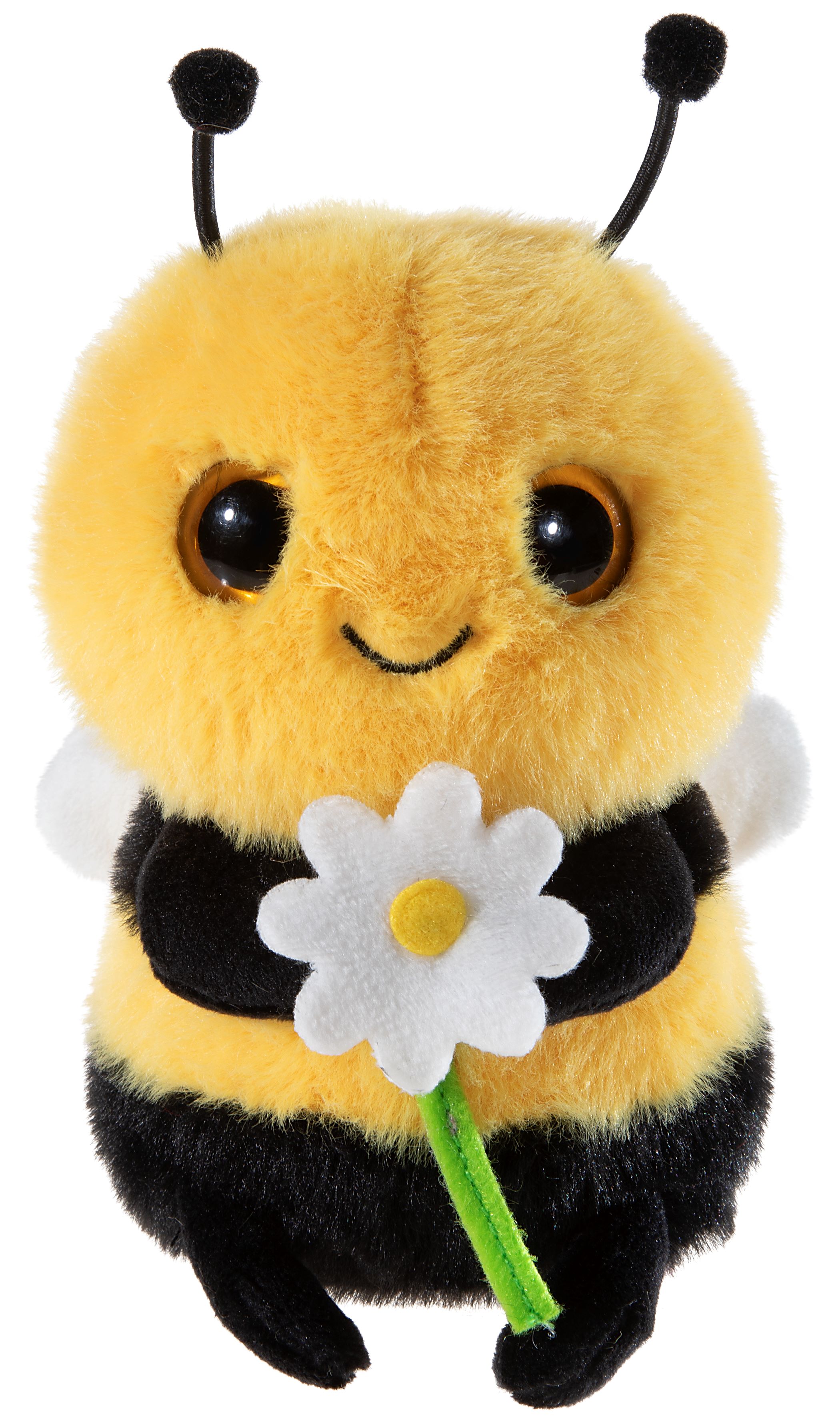 Biene mit Blume 15cm - Kleine Plüschbiene mit Blume in der Hand und gelb-schwarzen Plüsch