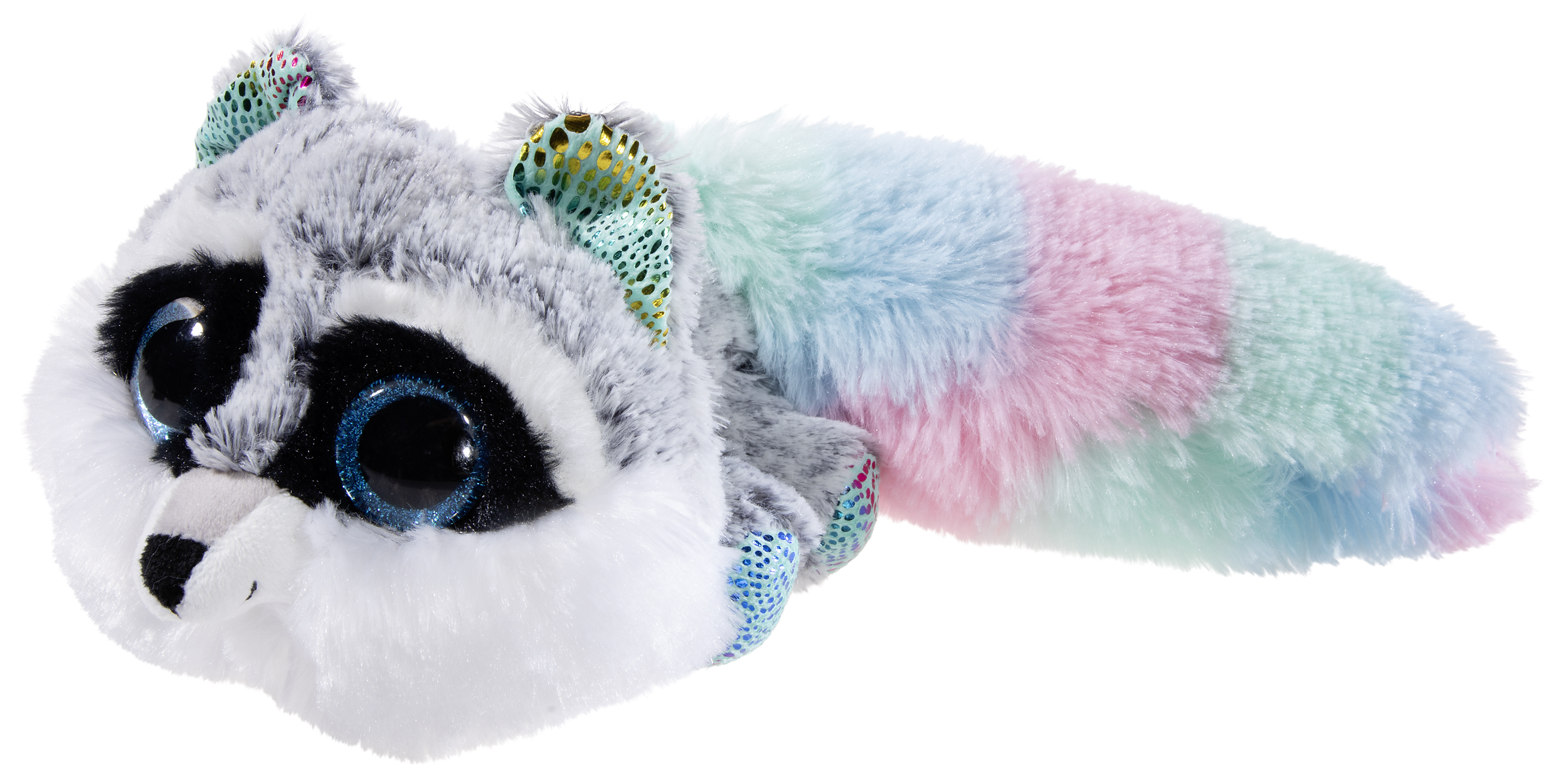 Weiches Stofftier in Waschbär-Optik mit bunter Streifenmusterung am Schwanz und großen, glitzernden Augen