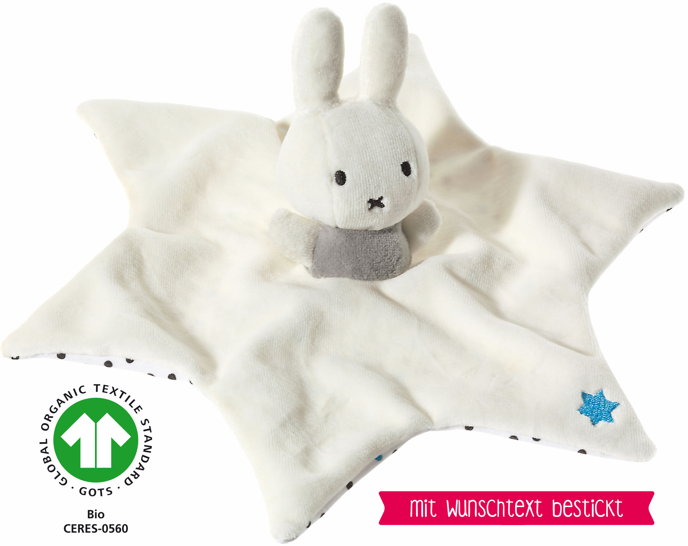 Heunec  Miffy Schnuffeltuch in grau-weiß-türkis und natürlich GOTS zertifiziert