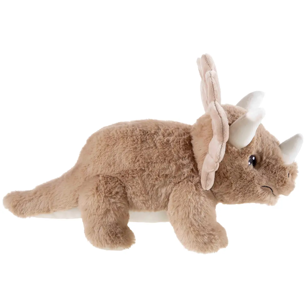 Hellbrauner, weicher Triceratops als 26 cm großes Plüschtier mit freundlichem Gesicht und Hörnern, ideal zum Kuscheln und Spielen, aus recyceltem Material gefertigt - Seiten Ansicht